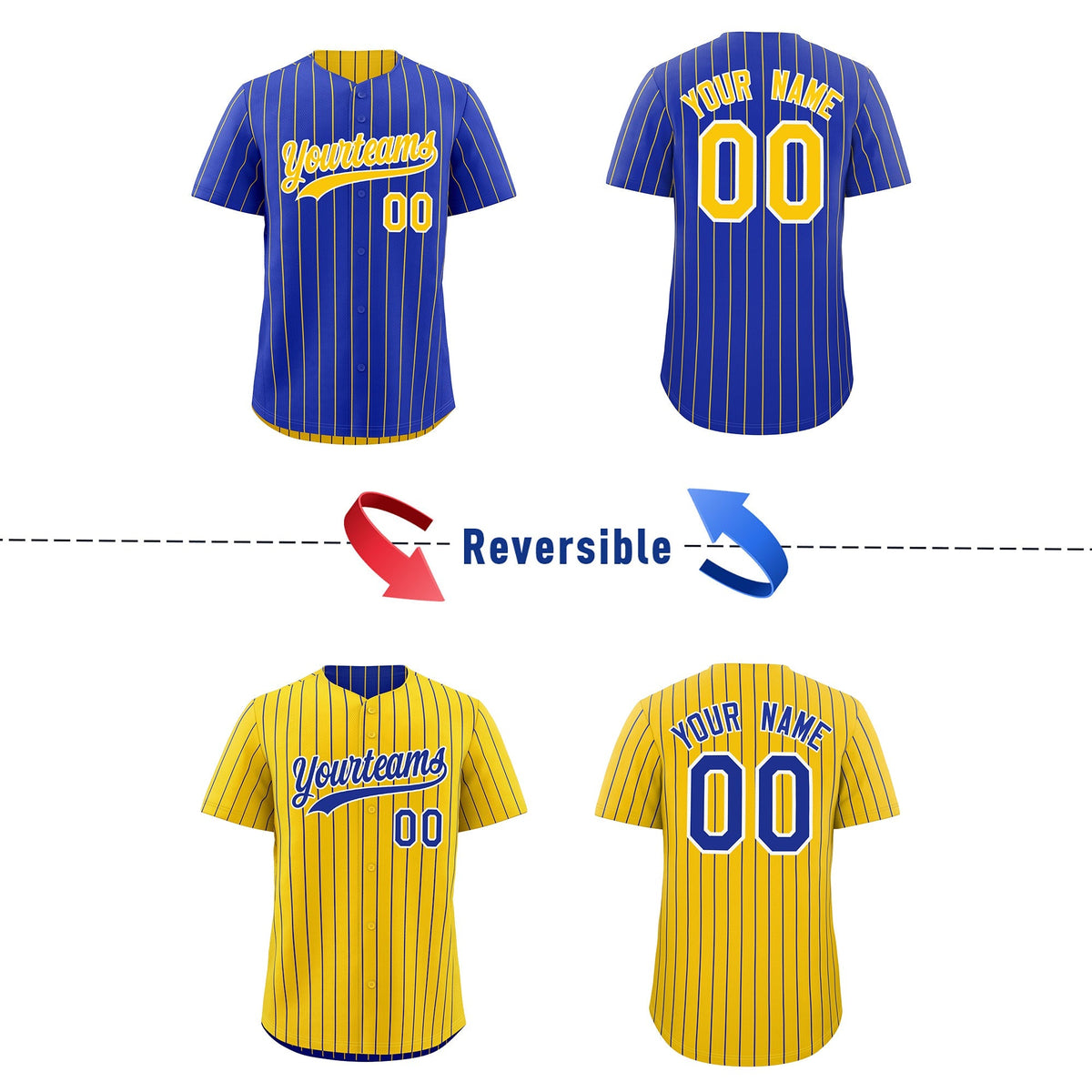 Custom Gold White Royal Blue Reversible Stripe Fashion Baseball Jersey| KXKSHOP