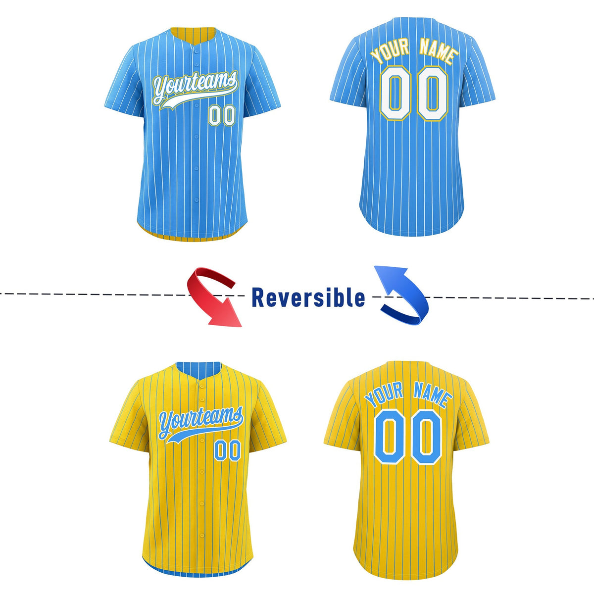 Custom White Powder Blue Gold Reversible Stripe Fashion Baseball Jersey| KXKSHOP