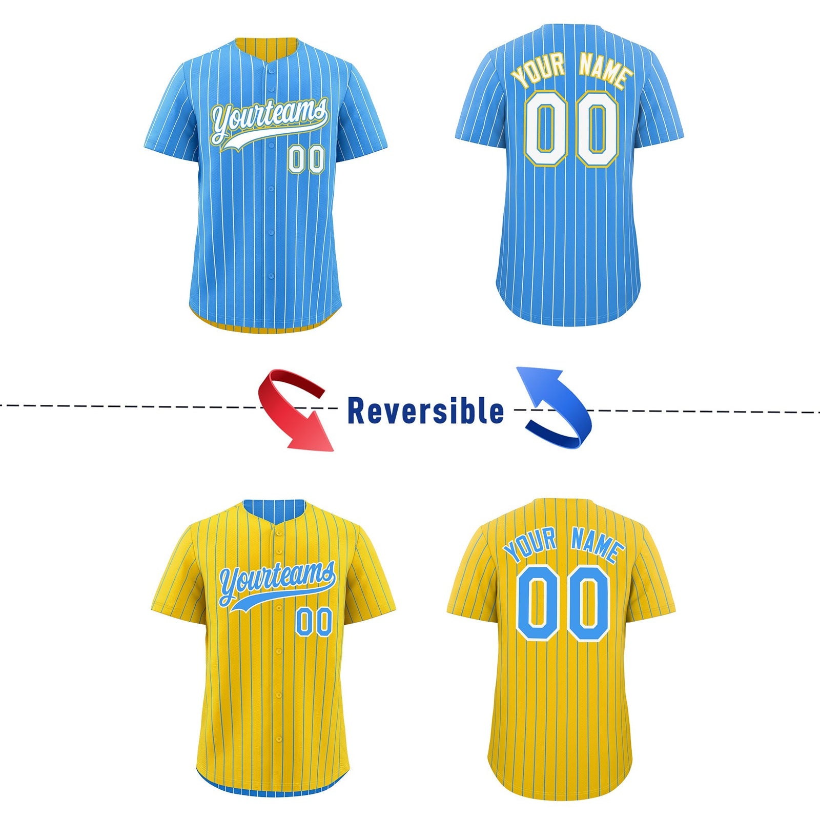Custom White Powder Blue Gold Reversible Stripe Fashion Baseball Jersey| KXKSHOP