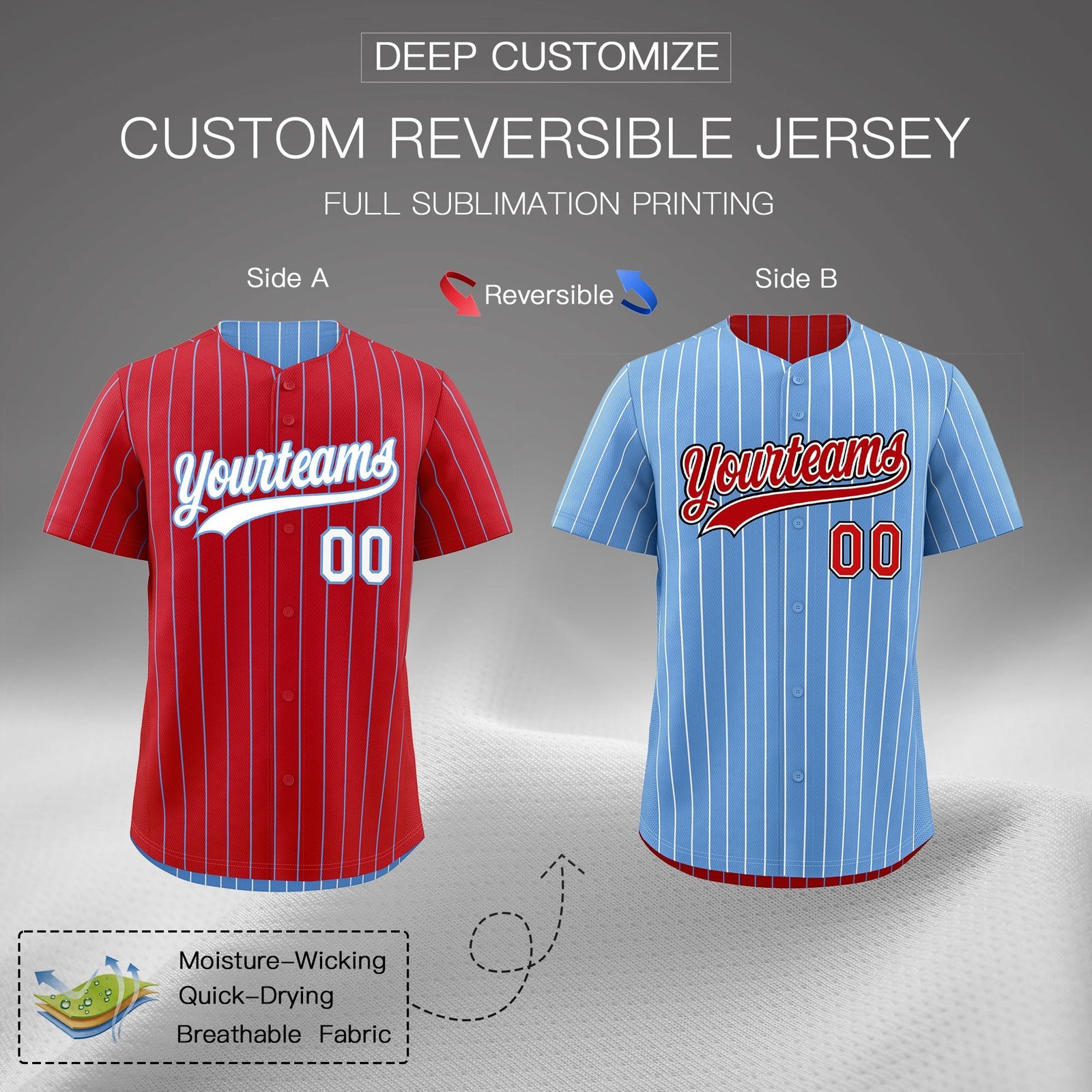 Custom White Light Blue Red Reversible Stripe Fashion Baseball Jersey| KXKSHOP