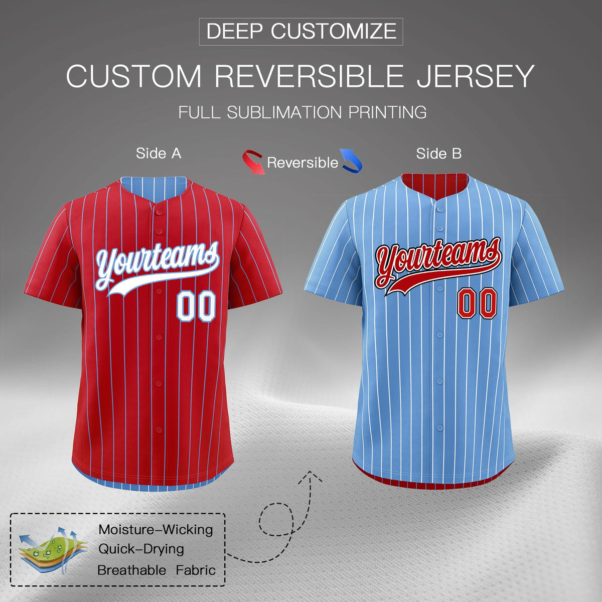 Custom White Light Blue Red Reversible Stripe Fashion Baseball Jersey| KXKSHOP