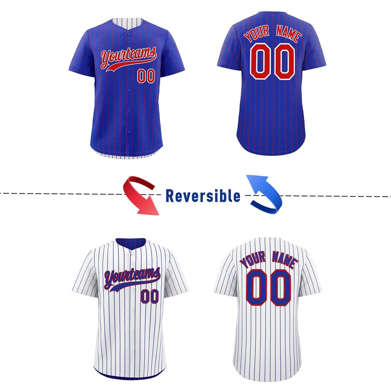 Custom Red White Royal Blue Reversible Stripe Fashion Baseball Jersey| KXKSHOP