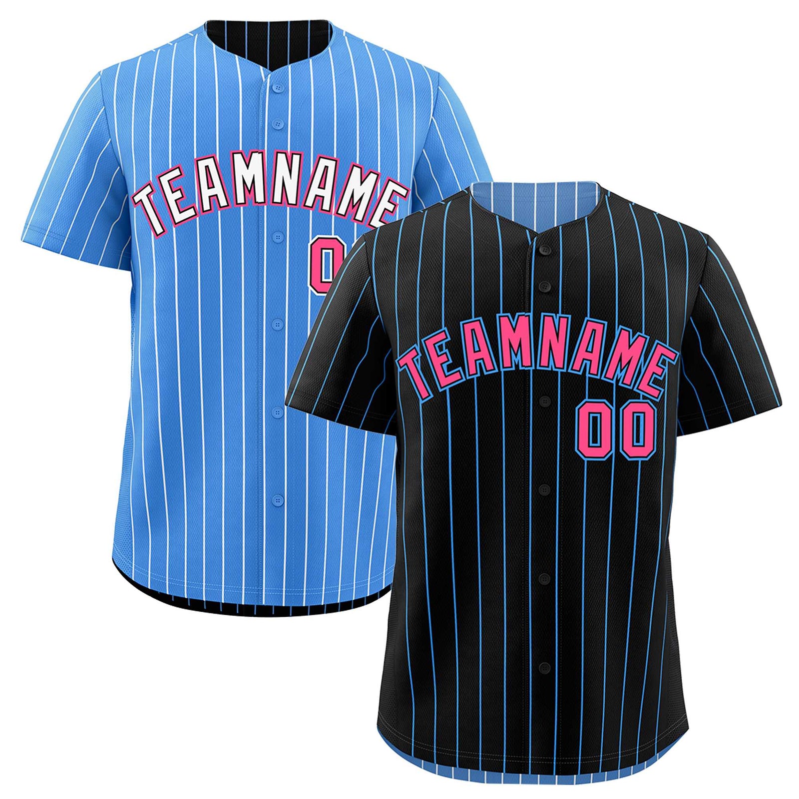Custom Pink Black Powder Blue Reversible Stripe Fashion Baseball Jersey| KXKSHOP