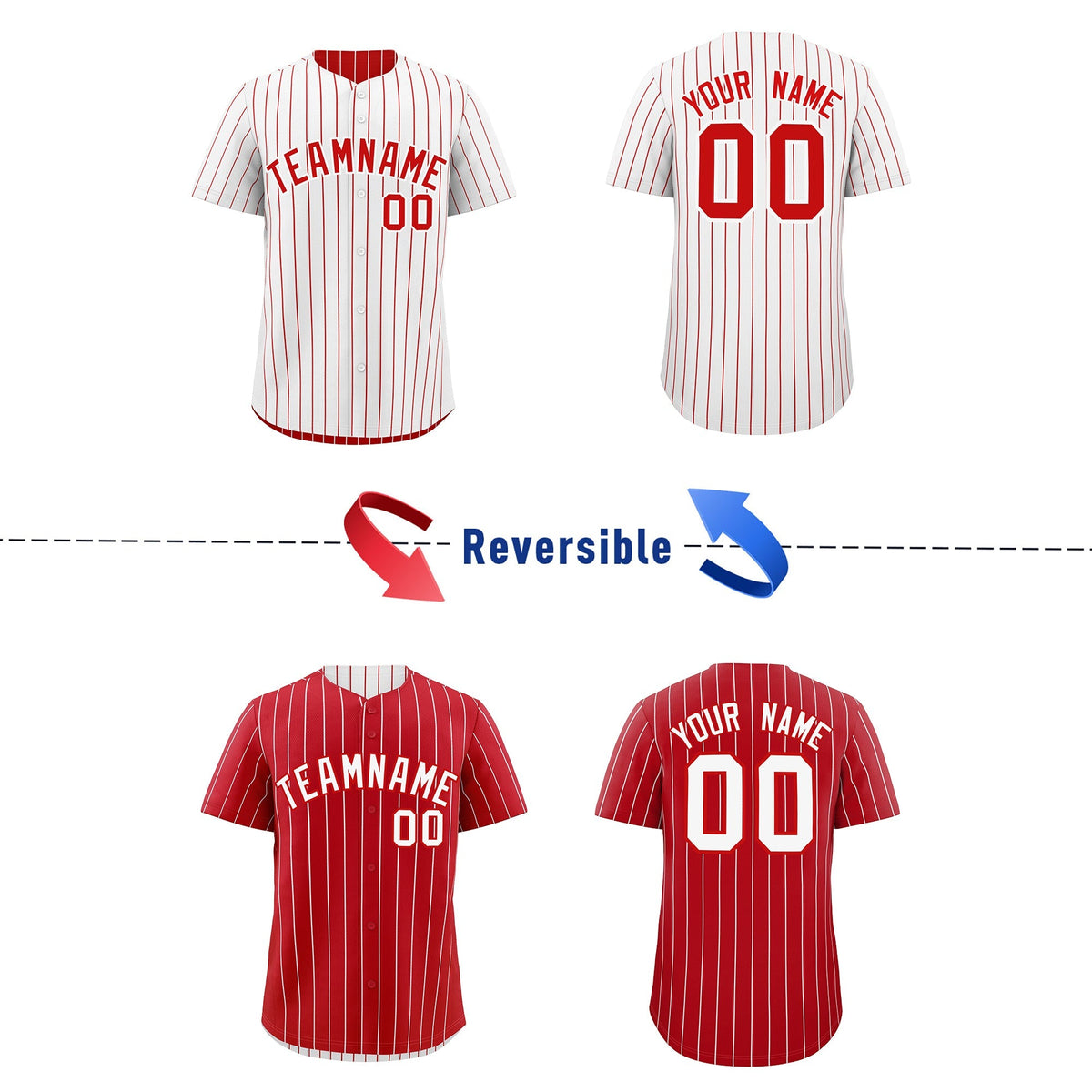 Custom Red White Reversible Stripe Fashion Baseball Jersey| KXKSHOP