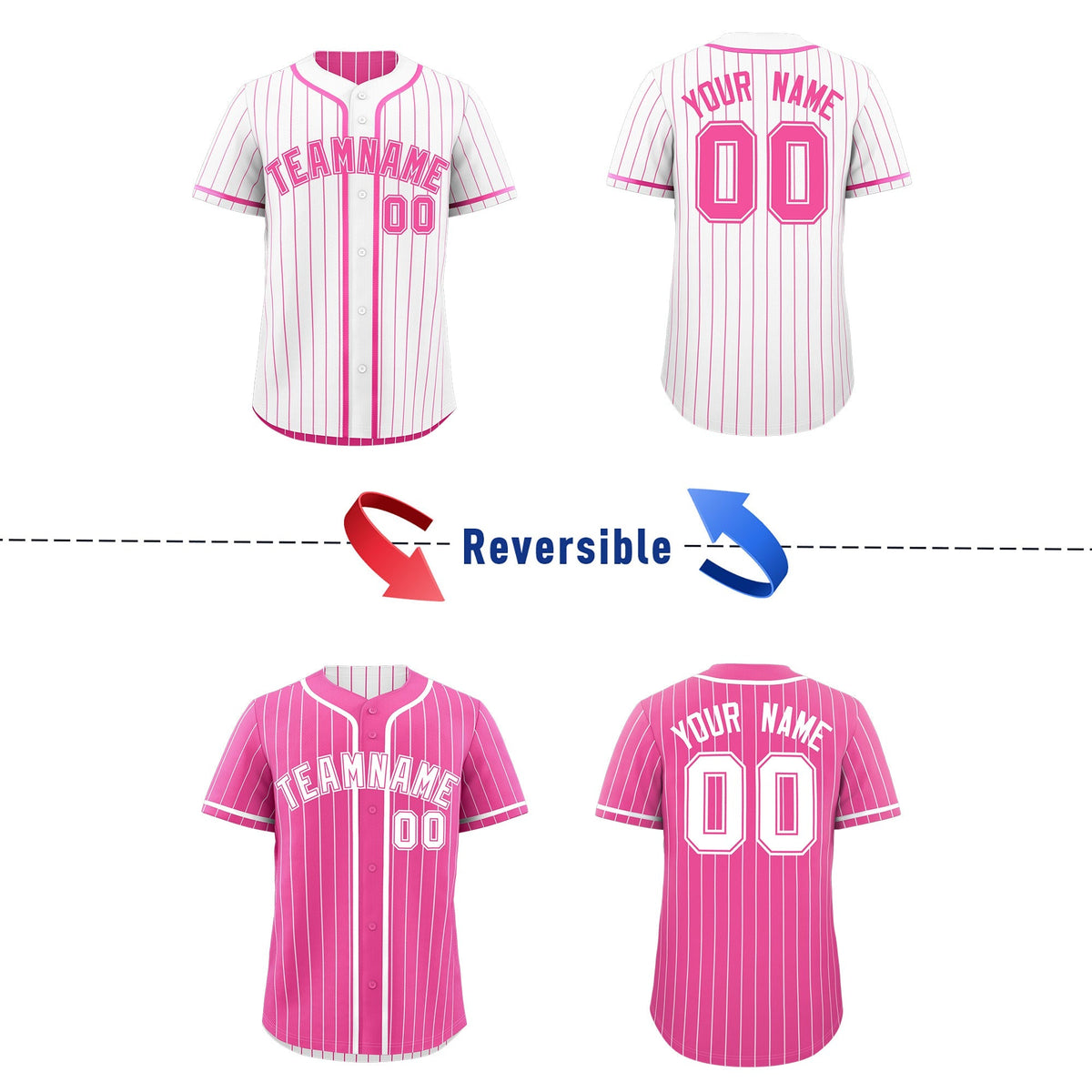 Custom Pink White Reversible Stripe Fashion Baseball Jersey| KXKSHOP