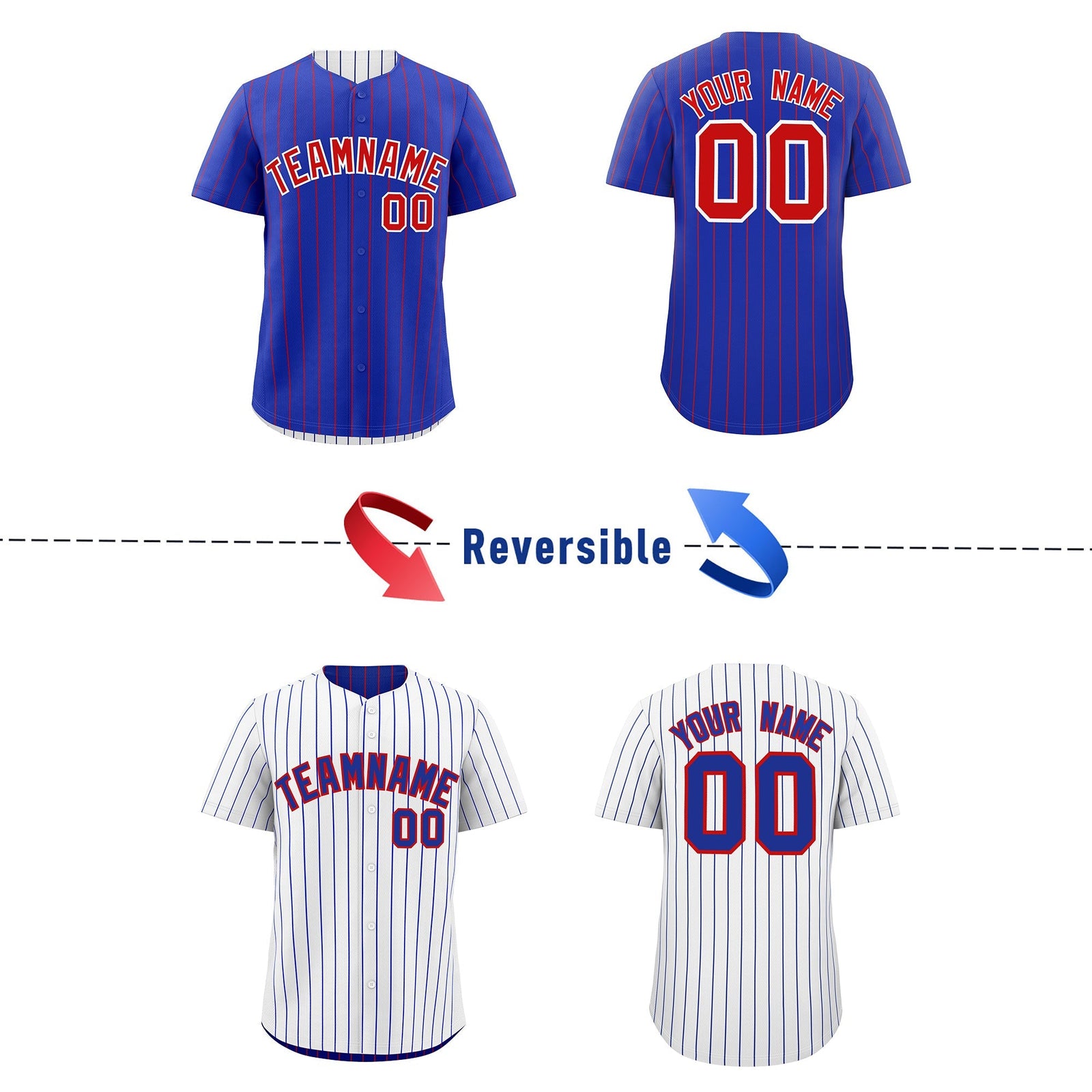 Custom Red White Royal Blue Reversible Stripe Fashion Baseball Jersey| KXKSHOP