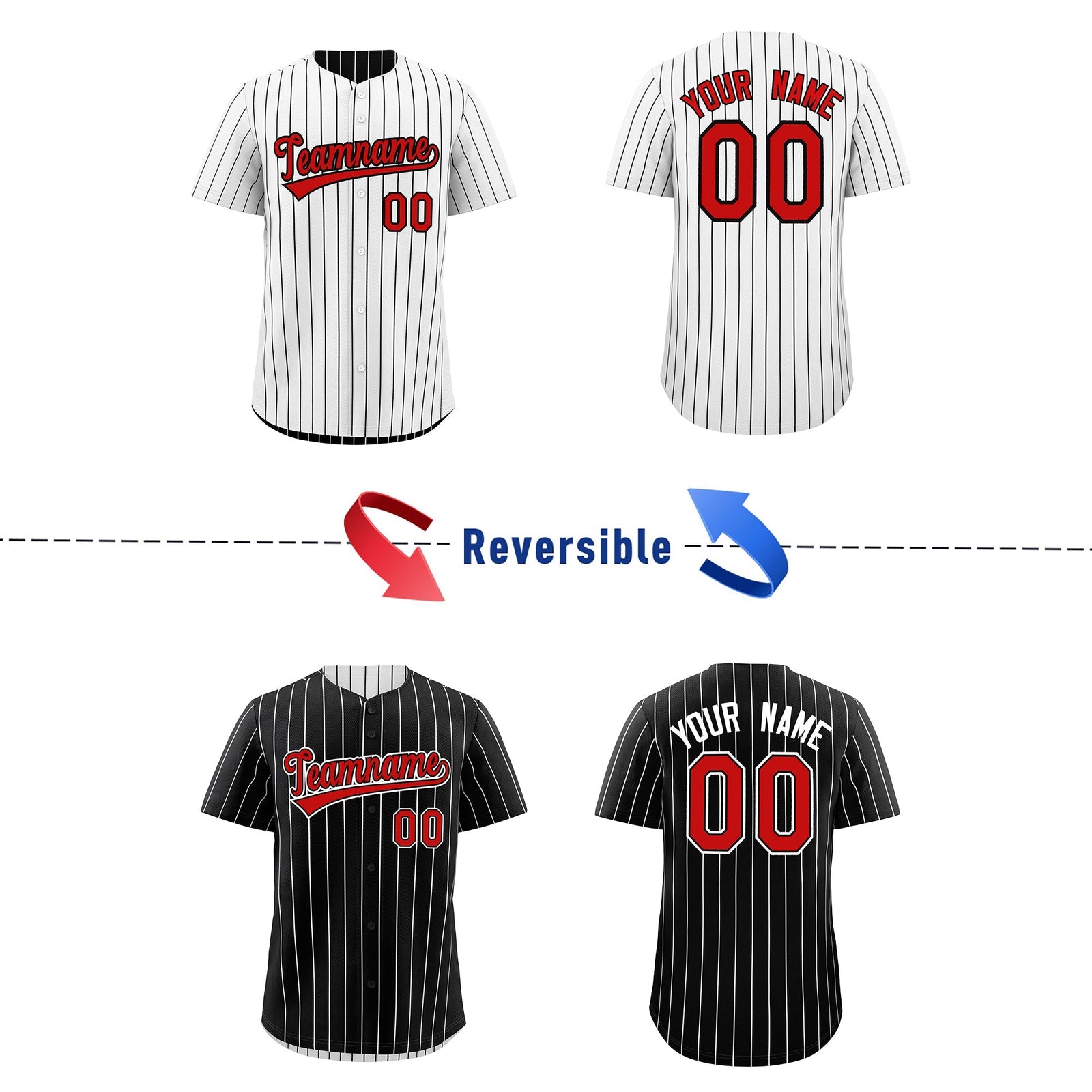 Custom Red Black White Reversible Stripe Fashion Baseball Jersey| KXKSHOP