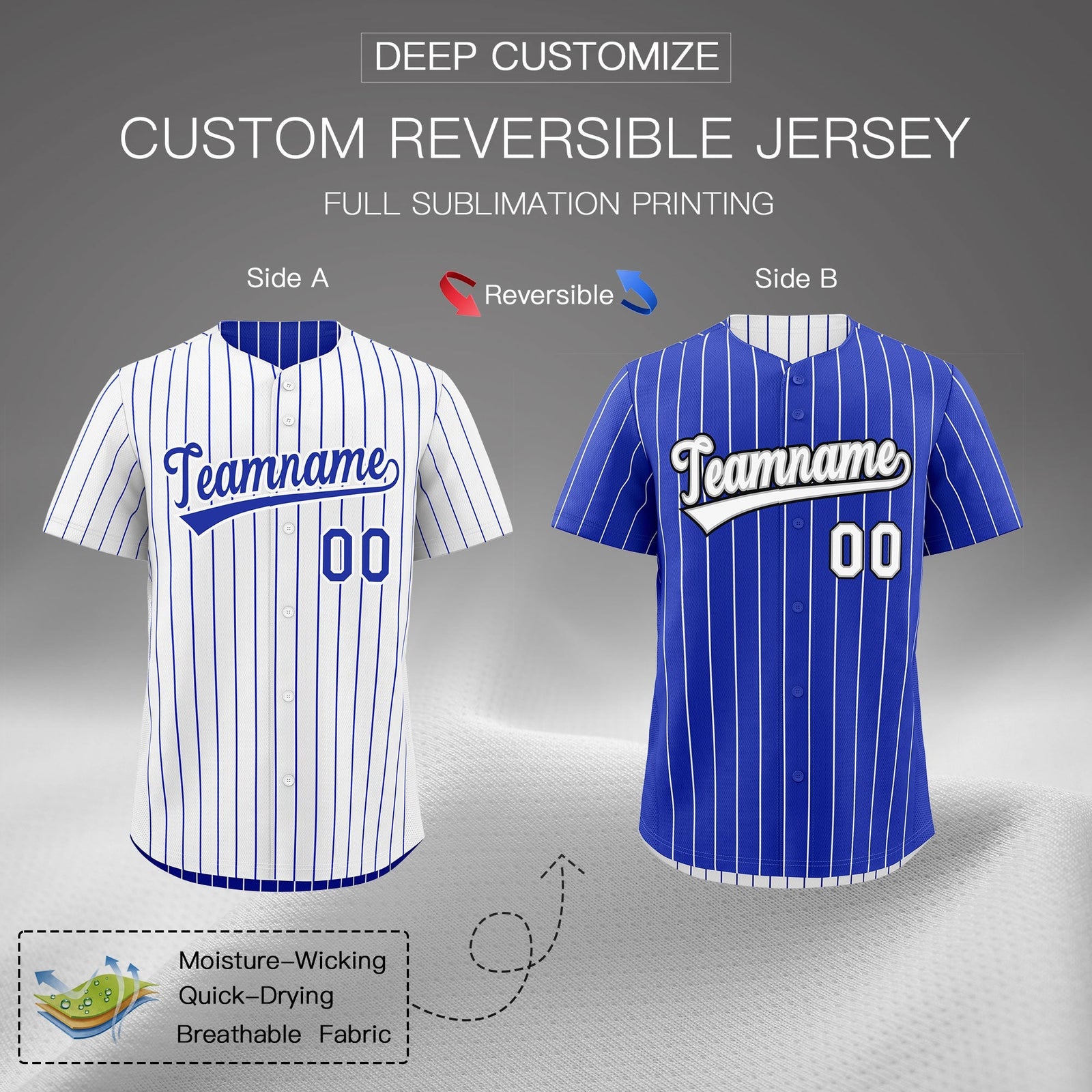 Custom Royal Blue White Black Reversible Stripe Fashion Baseball Jersey| KXKSHOP