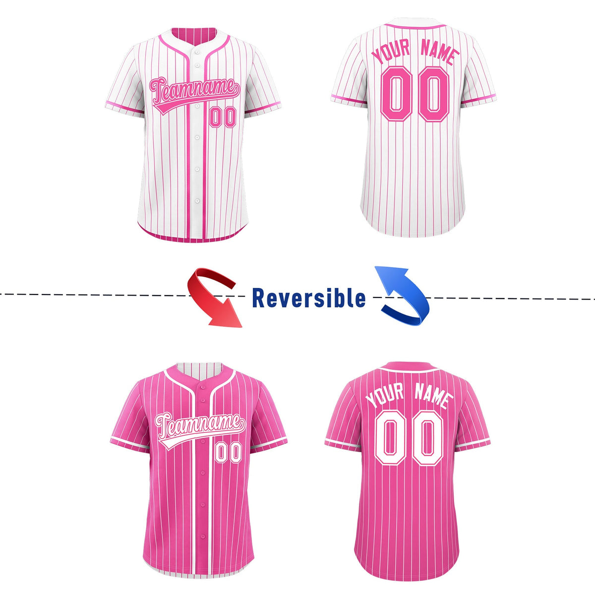 Custom Pink White Reversible Stripe Fashion Baseball Jersey| KXKSHOP