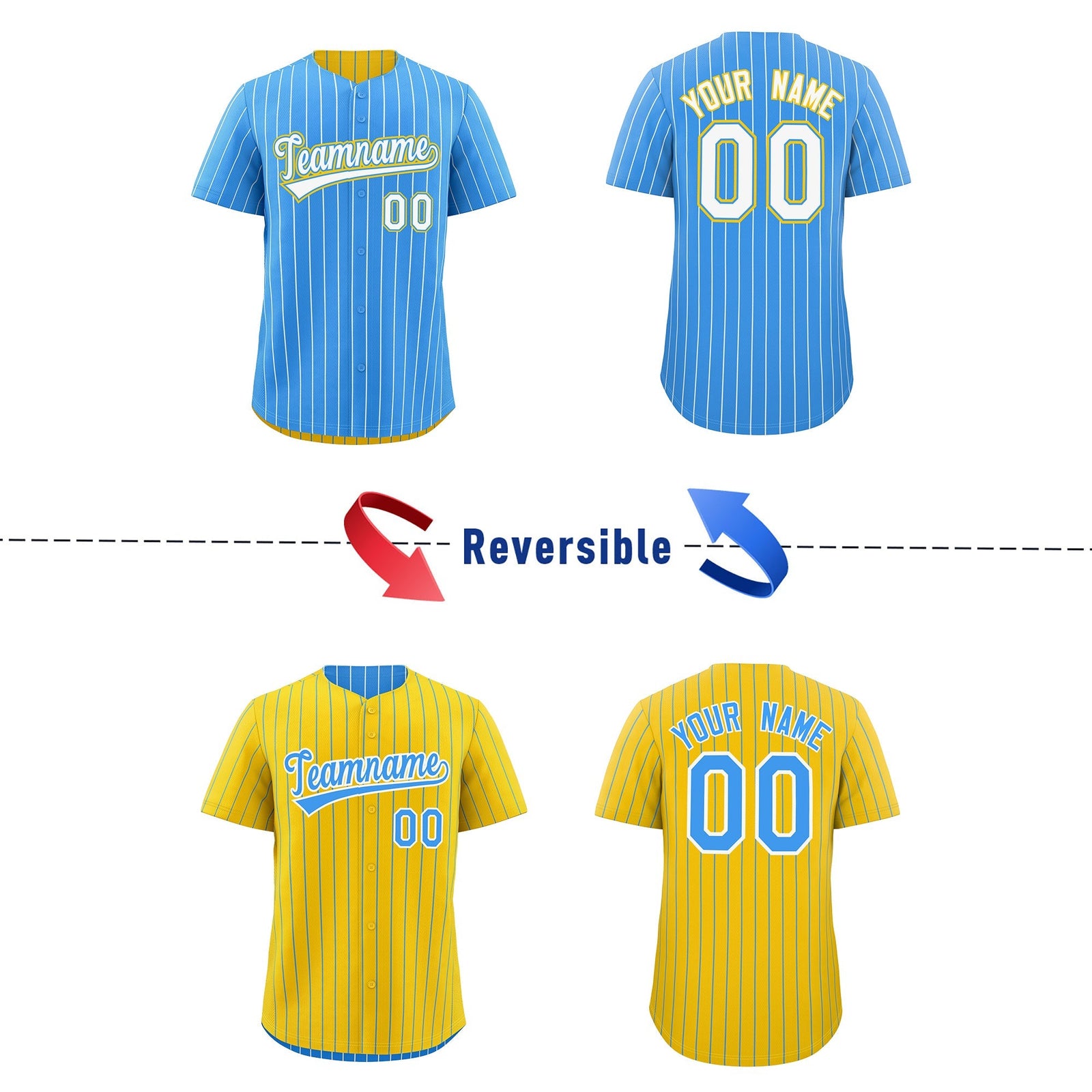 Custom White Powder Blue Gold Reversible Stripe Fashion Baseball Jersey| KXKSHOP
