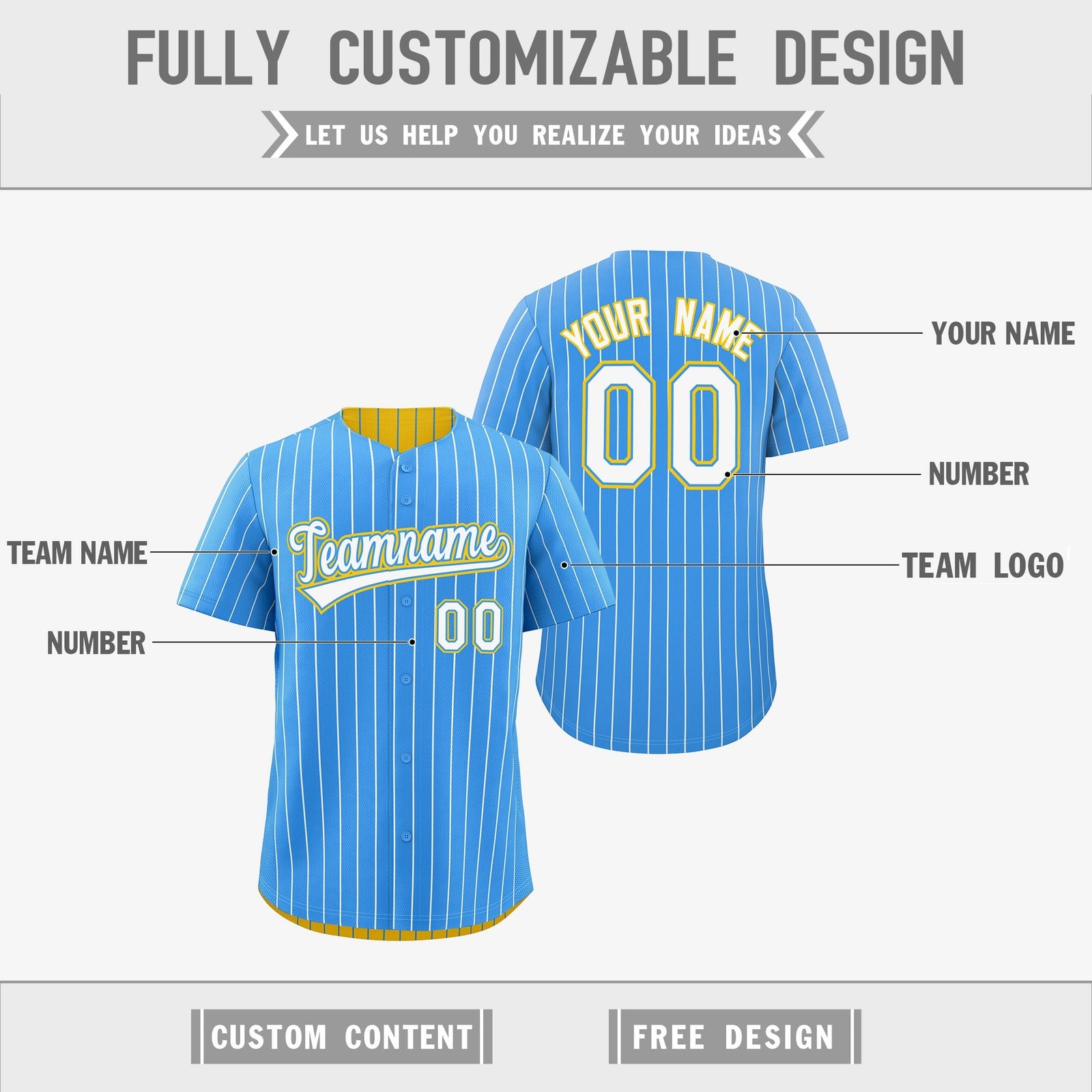 Custom White Powder Blue Gold Reversible Stripe Fashion Baseball Jersey| KXKSHOP