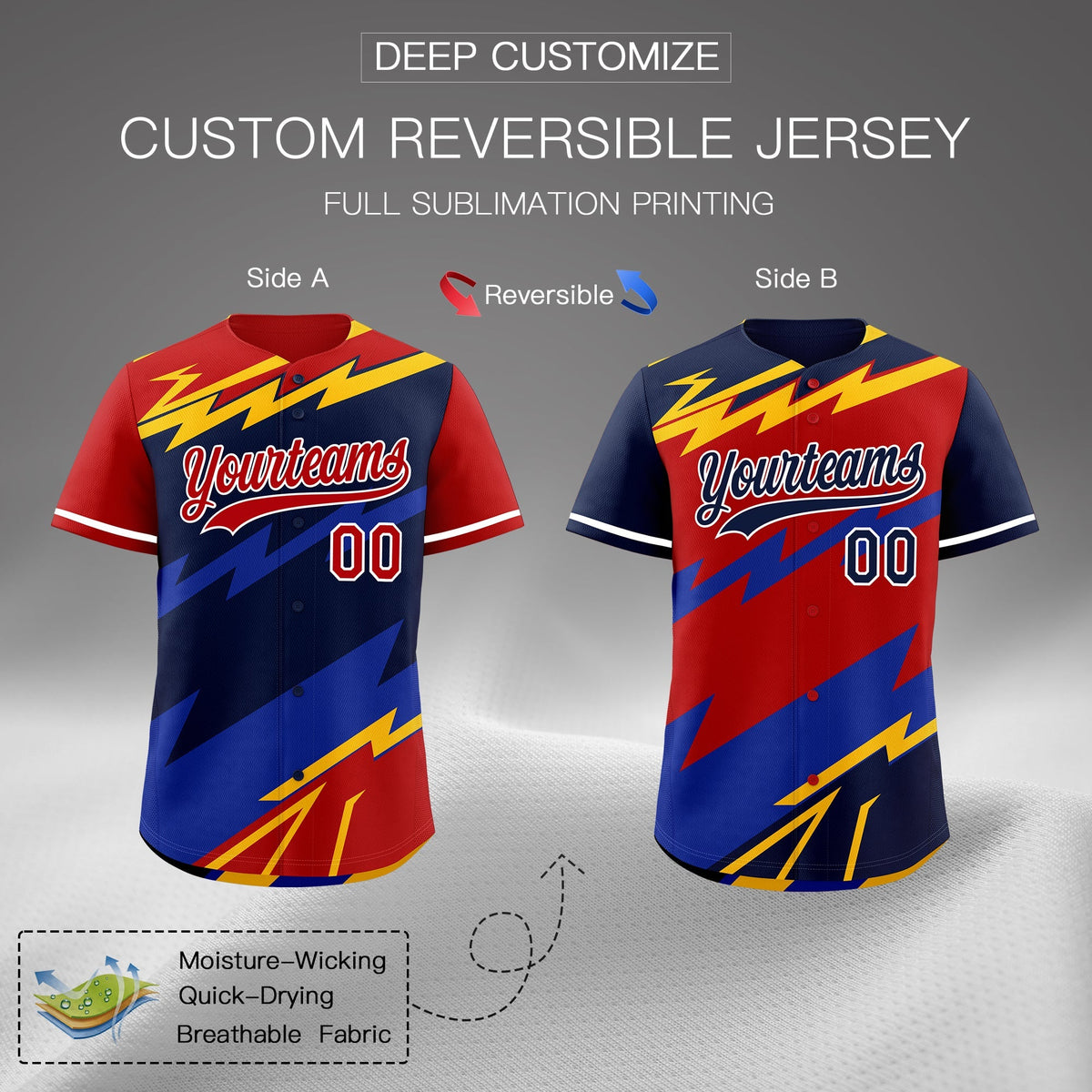 Custom Navy Red Yellow short sleeves Reversible Lightning Pattern Graffiti Graffiti Pattern Lightweight Baseball Jersey| KXKSHOP