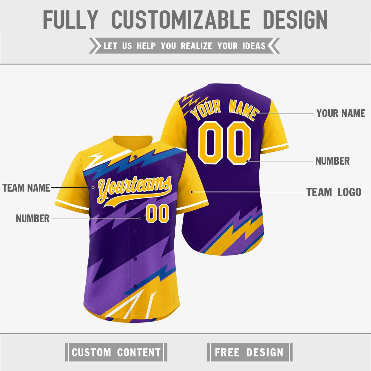 Custom Purple Royal Yellow short sleeves Reversible Lightning Pattern Graffiti Graffiti Pattern Lightweight Baseball Jersey| KXKSHOP