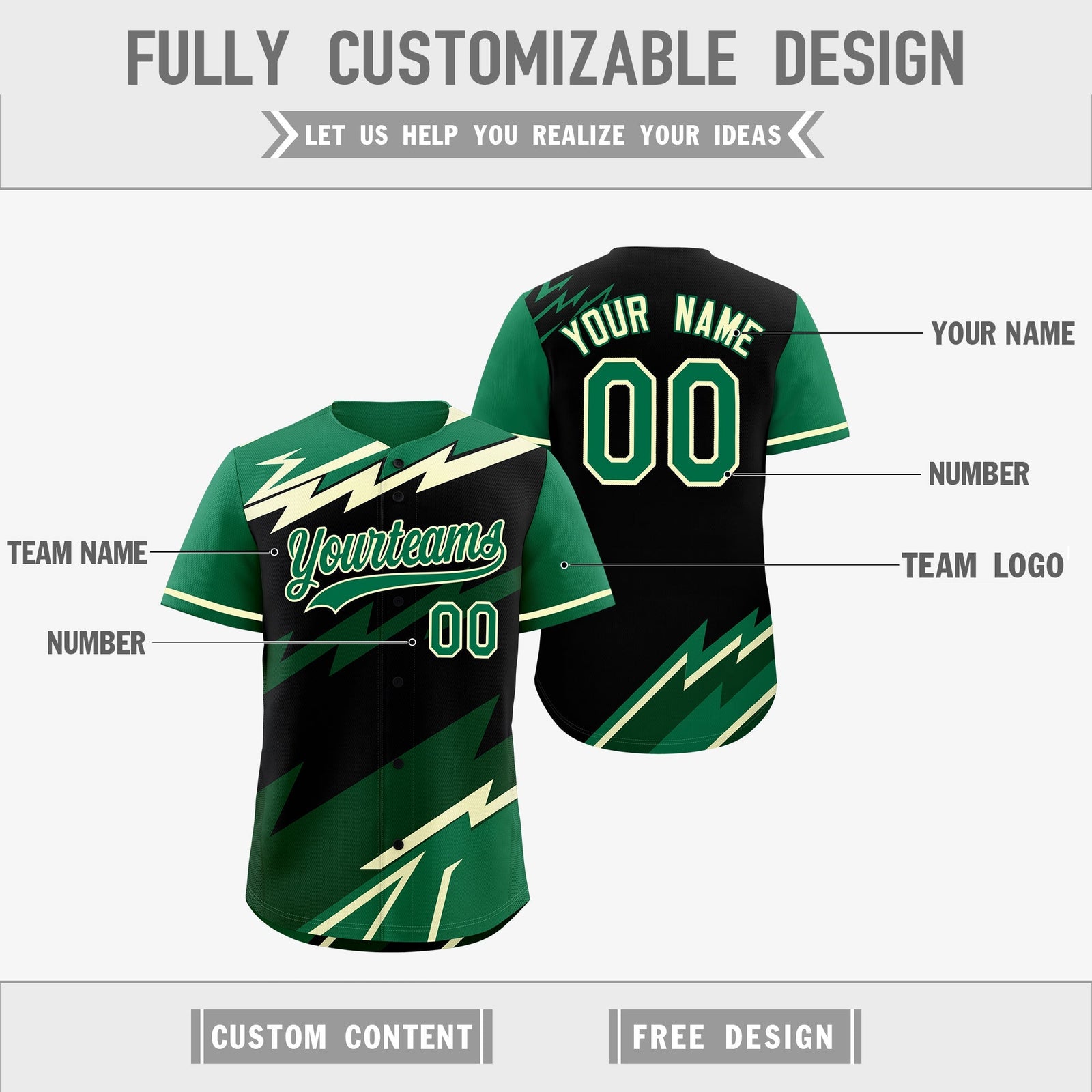 Custom Black Kelly Green Cream short sleeves Reversible Lightning Pattern Graffiti Graffiti Pattern Breathable Baseball Jersey| KXKSHOP