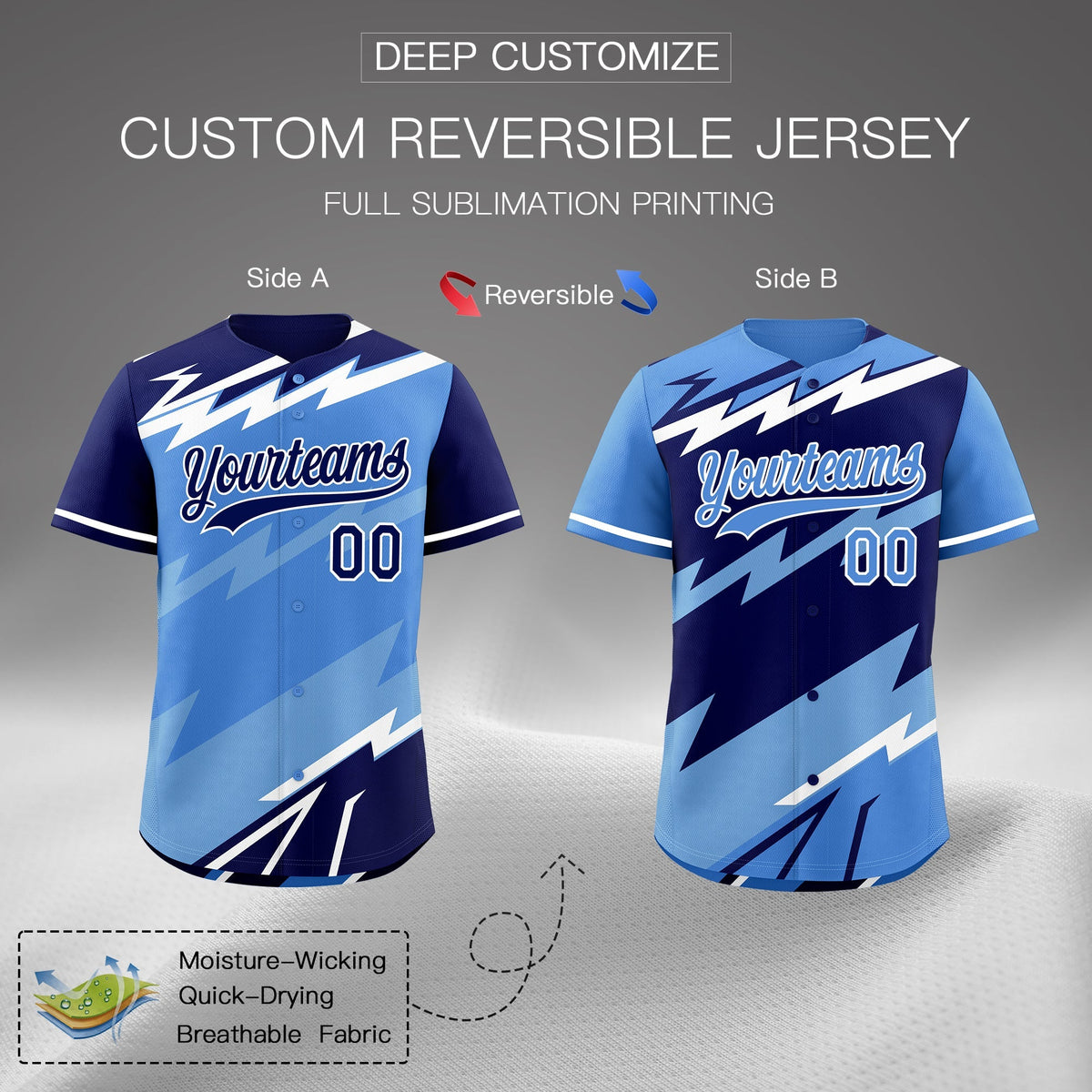 Custom Light Blue Powder Blue White short sleeves Reversible Lightning Pattern Graffiti Graffiti Pattern Lightweight Baseball Jersey| KXKSHOP