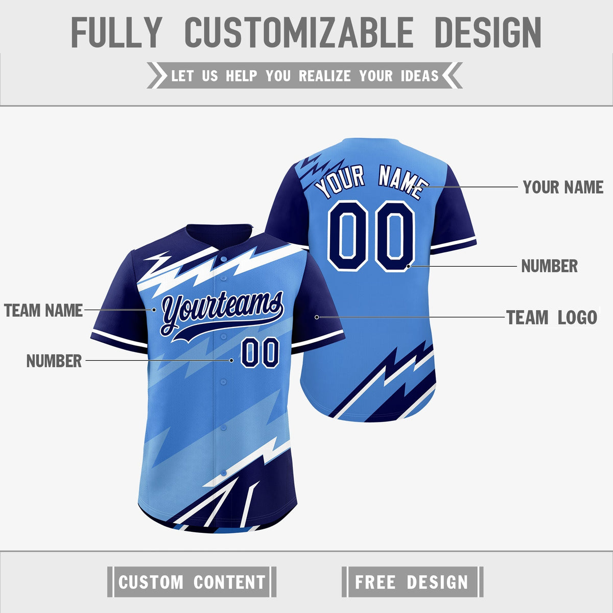 Custom Light Blue Powder Blue White short sleeves Reversible Lightning Pattern Graffiti Graffiti Pattern Lightweight Baseball Jersey| KXKSHOP