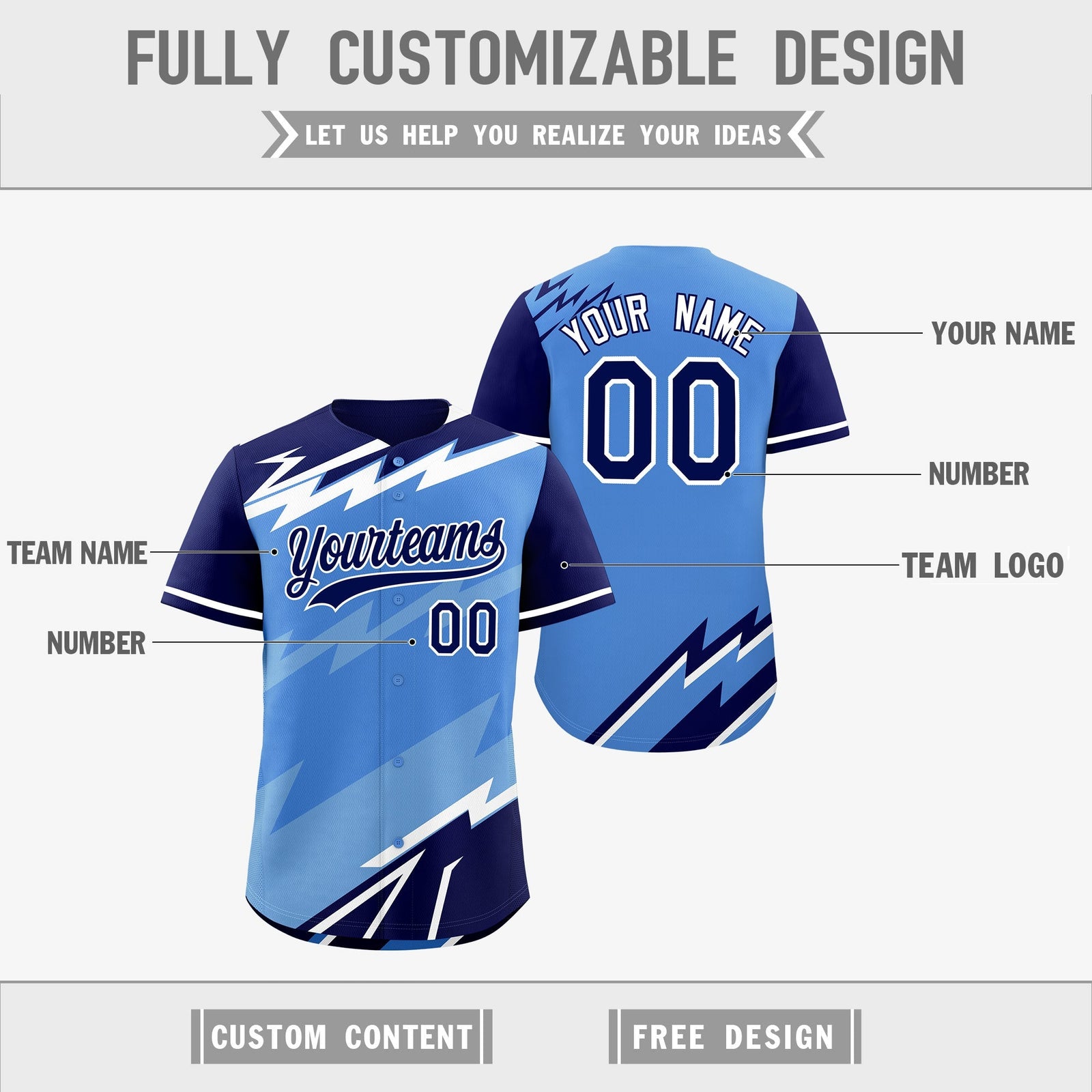 Custom Light Blue Powder Blue White short sleeves Reversible Lightning Pattern Graffiti Graffiti Pattern Lightweight Baseball Jersey| KXKSHOP