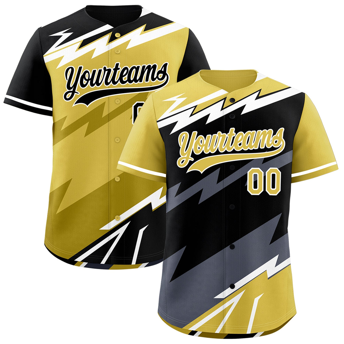 Custom Black Old Gold Gray short sleeves Reversible Lightning Pattern Graffiti Graffiti Pattern Moisture-Wicking Baseball Jersey| KXKSHOP