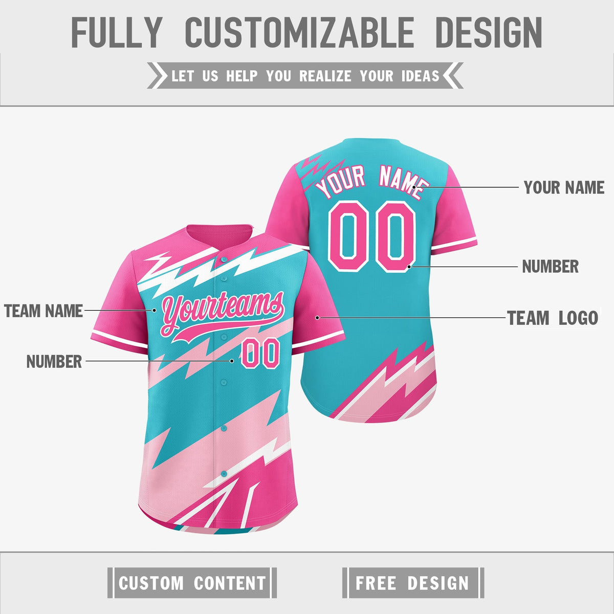 Custom Sky Blue Light Pink Pink short sleeves Reversible Lightning Pattern Graffiti Graffiti Pattern Breathable Baseball Jersey| KXKSHOP