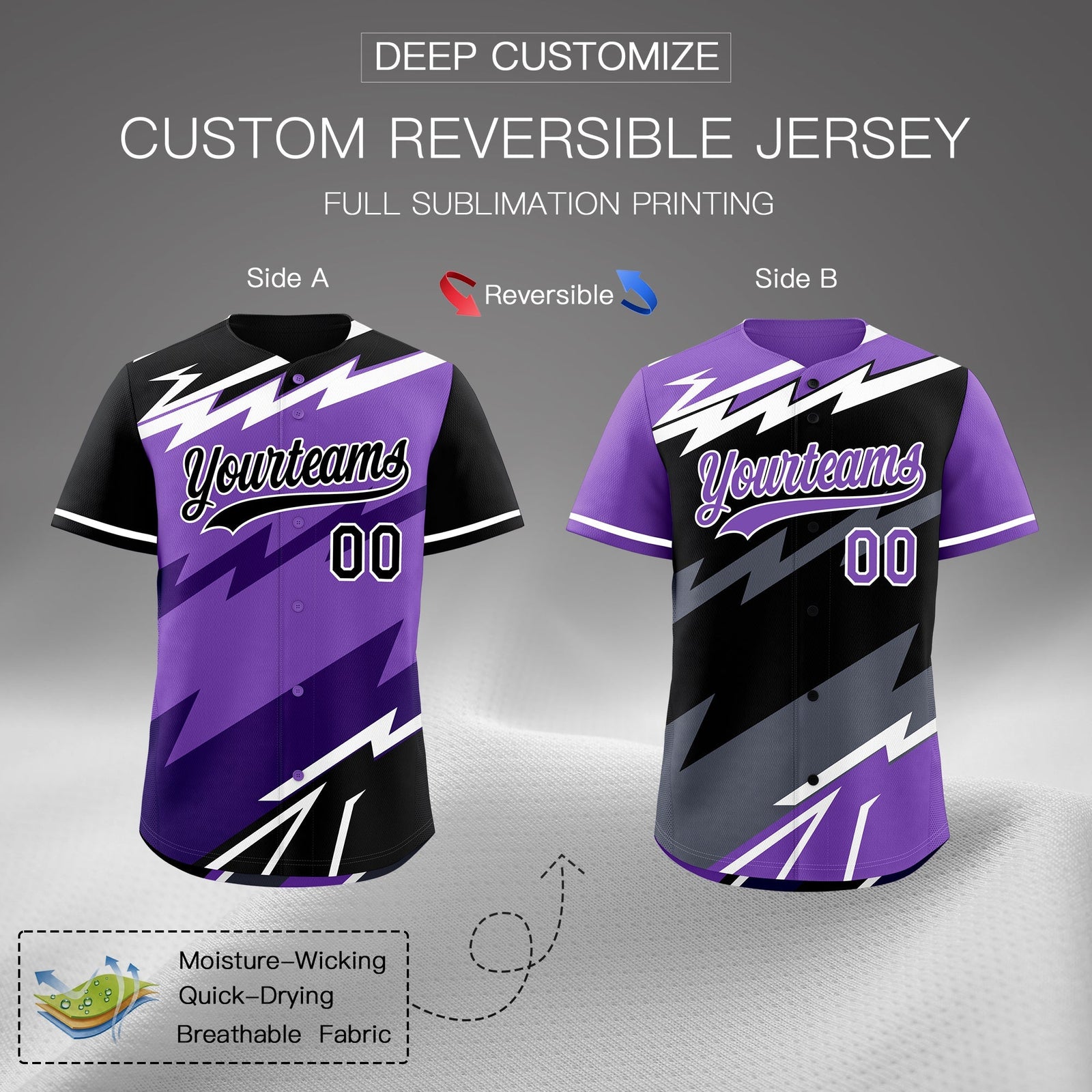Custom Purple Black White short sleeves Reversible Lightning Pattern Graffiti Graffiti Pattern Lightweight Baseball Jersey| KXKSHOP