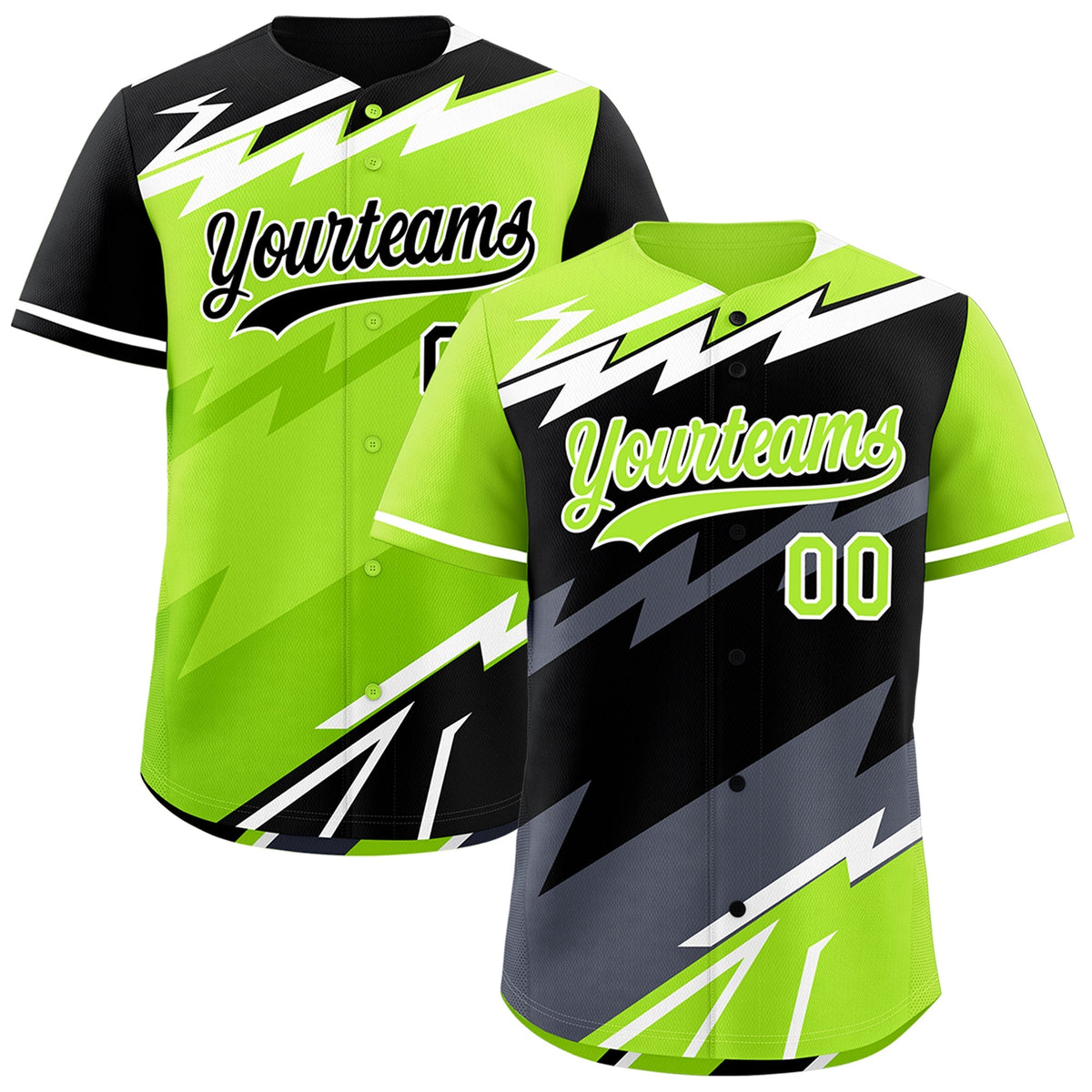 Custom Black Neon Green Gray short sleeves Reversible Lightning Pattern Graffiti Graffiti Pattern Moisture-Wicking Baseball Jersey| KXKSHOP