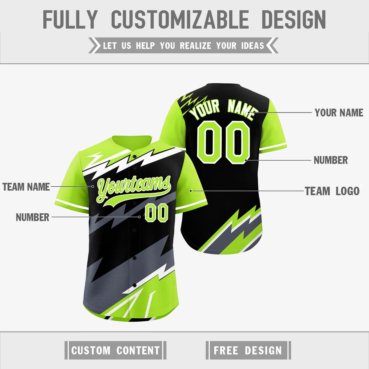 Custom Black Neon Green Gray short sleeves Reversible Lightning Pattern Graffiti Graffiti Pattern Moisture-Wicking Baseball Jersey| KXKSHOP