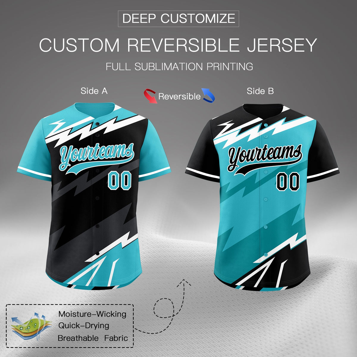 Custom Black Sky Blue Gray short sleeves Reversible Lightning Pattern Graffiti Graffiti Pattern Moisture-Wicking Baseball Jersey| KXKSHOP