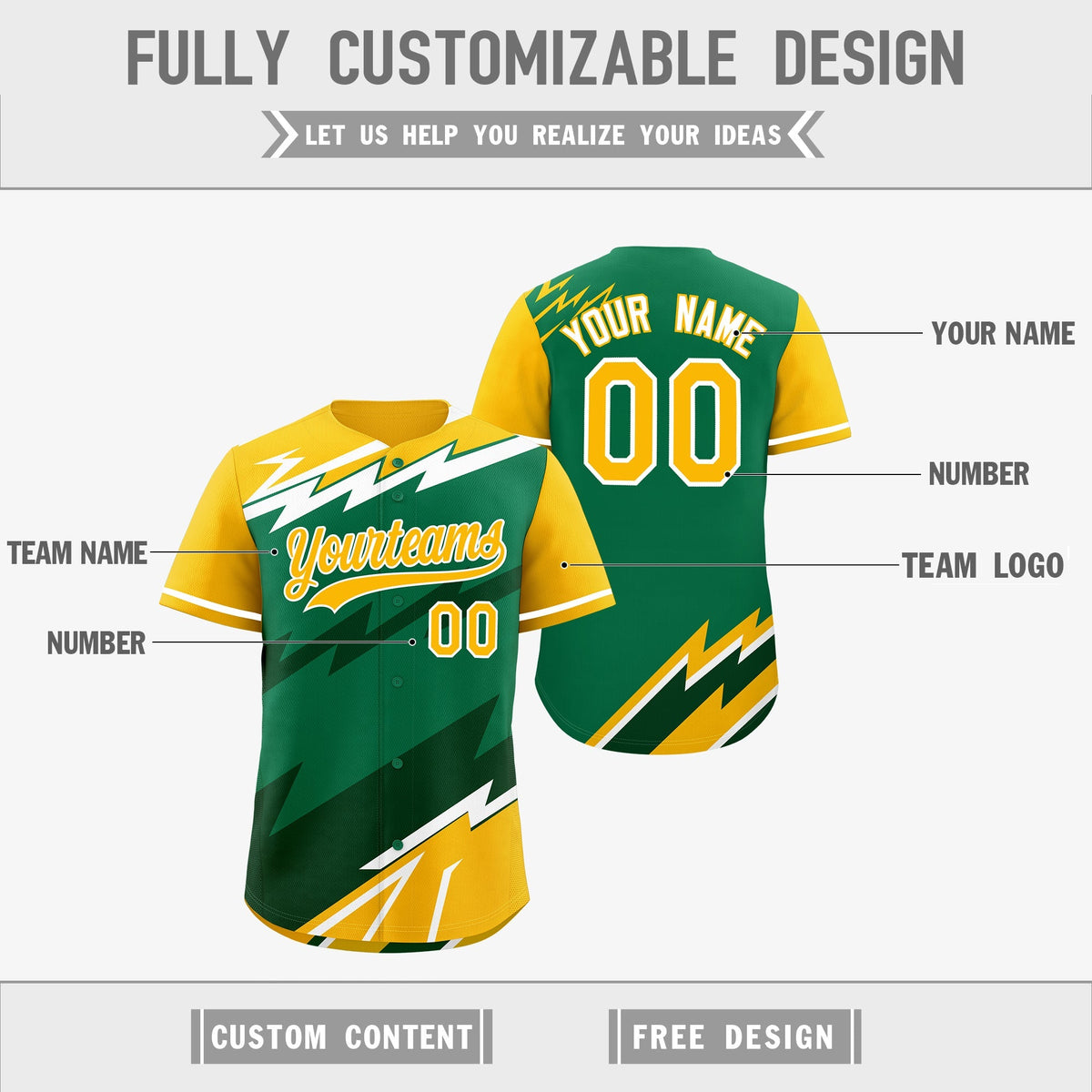 Custom Kelly Green Dark Green Yellow short sleeves Reversible Lightning Pattern Graffiti Graffiti Pattern Moisture-Wicking Baseball Jersey| KXKSHOP