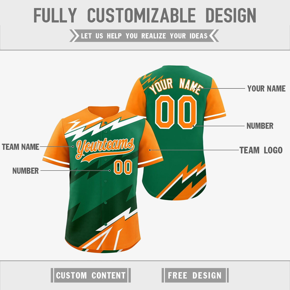 Custom Kelly Green Orange Dark Green short sleeves Reversible Lightning Pattern Graffiti Graffiti Pattern Breathable Baseball Jersey| KXKSHOP