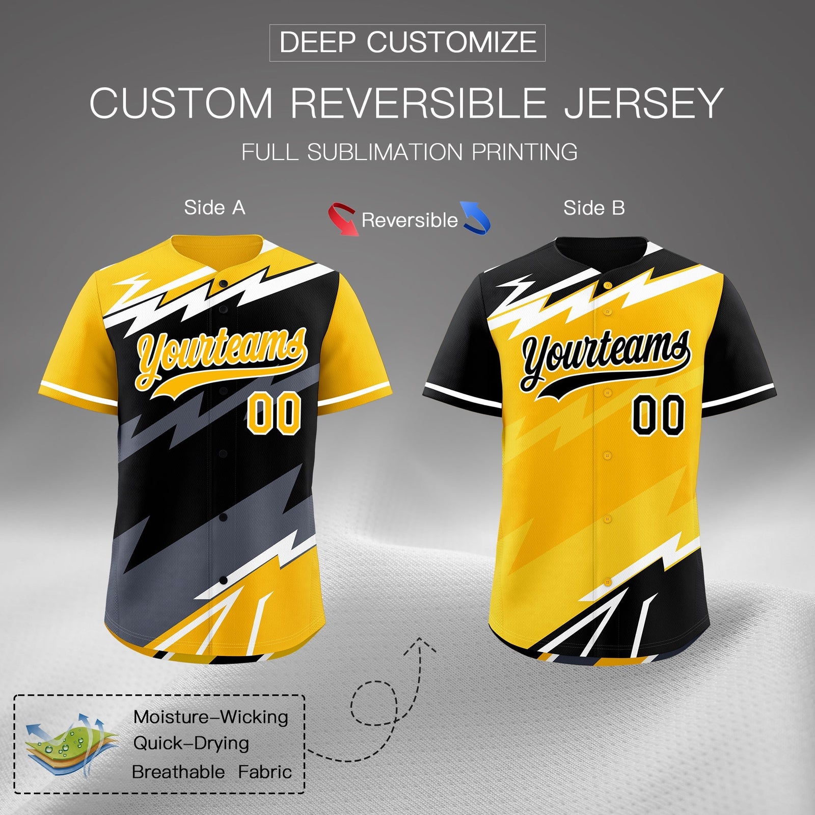 Custom Black Yellow Gray short sleeves Reversible Lightning Pattern Graffiti Graffiti Pattern Lightweight Baseball Jersey| KXKSHOP