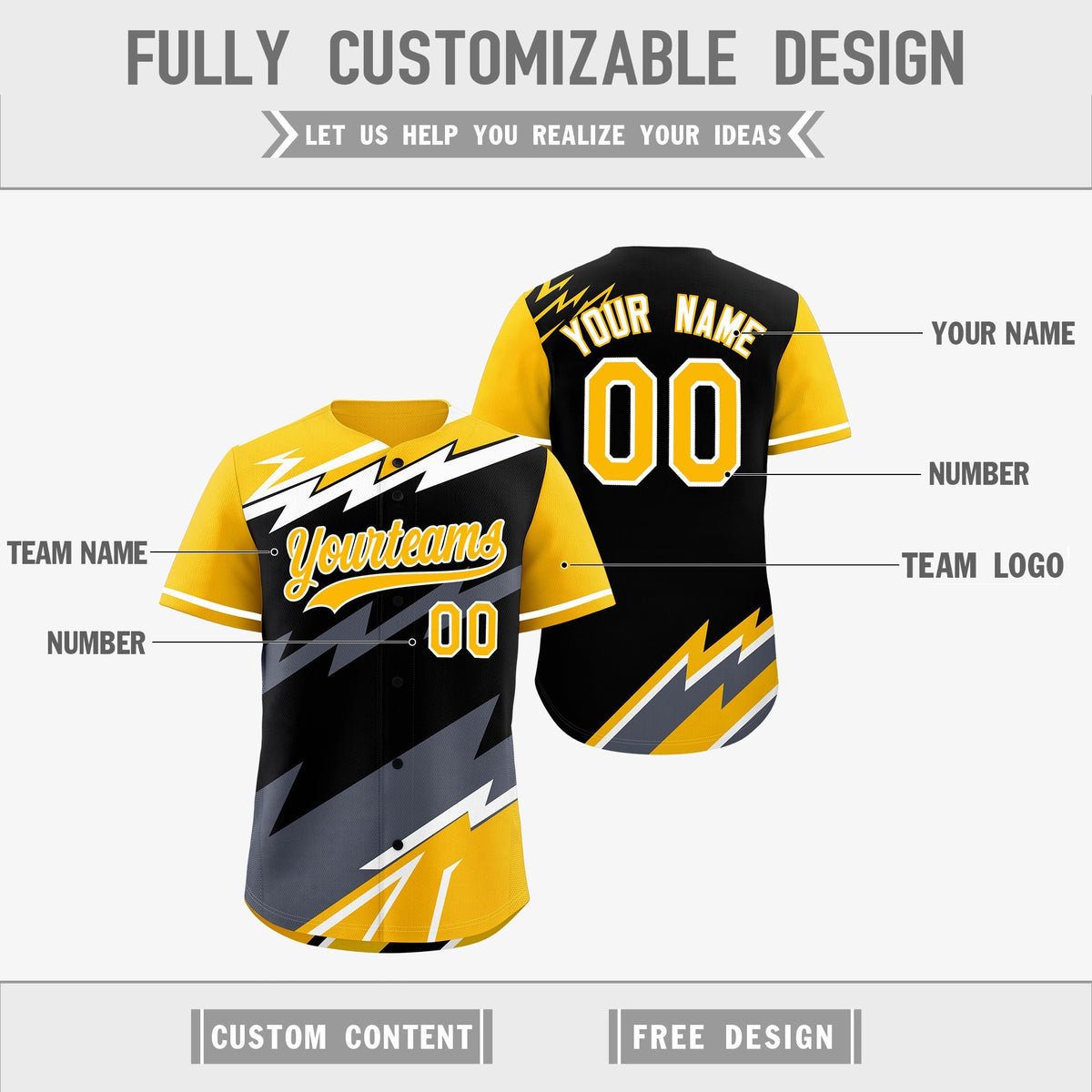 Custom Black Yellow Gray short sleeves Reversible Lightning Pattern Graffiti Graffiti Pattern Lightweight Baseball Jersey| KXKSHOP