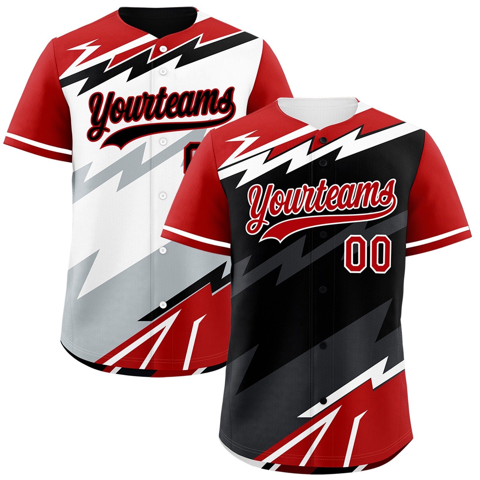 Custom Black White Red short sleeves Reversible Lightning Pattern Graffiti Graffiti Pattern Moisture-Wicking Baseball Jersey| KXKSHOP