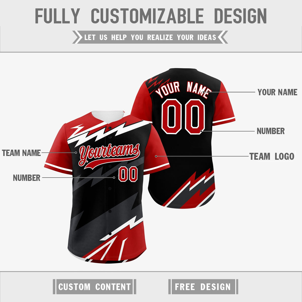 Custom Black White Red short sleeves Reversible Lightning Pattern Graffiti Graffiti Pattern Moisture-Wicking Baseball Jersey| KXKSHOP