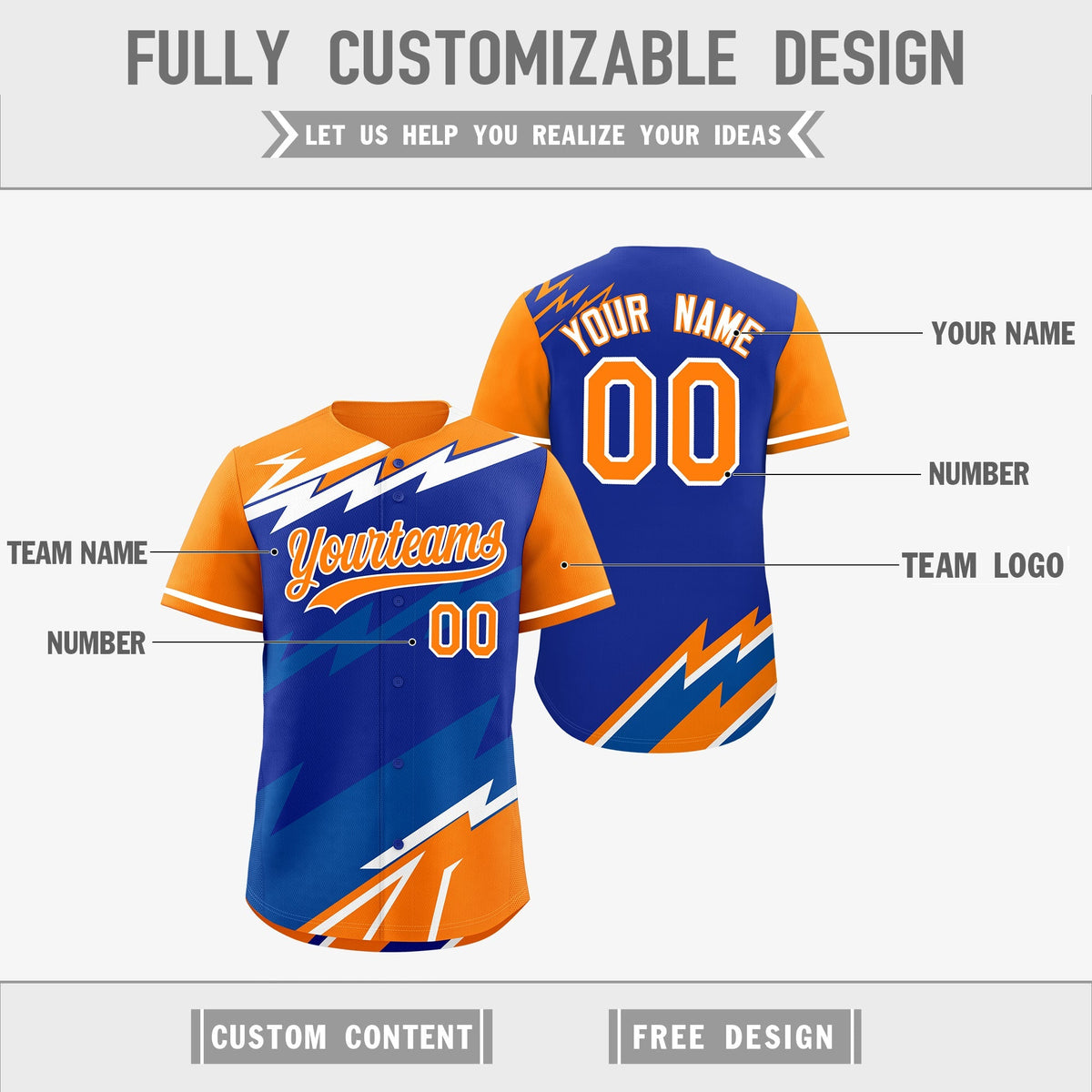 Custom Royal Blue Orange Royal short sleeves Reversible Lightning Pattern Graffiti Graffiti Pattern Lightweight Baseball Jersey| KXKSHOP
