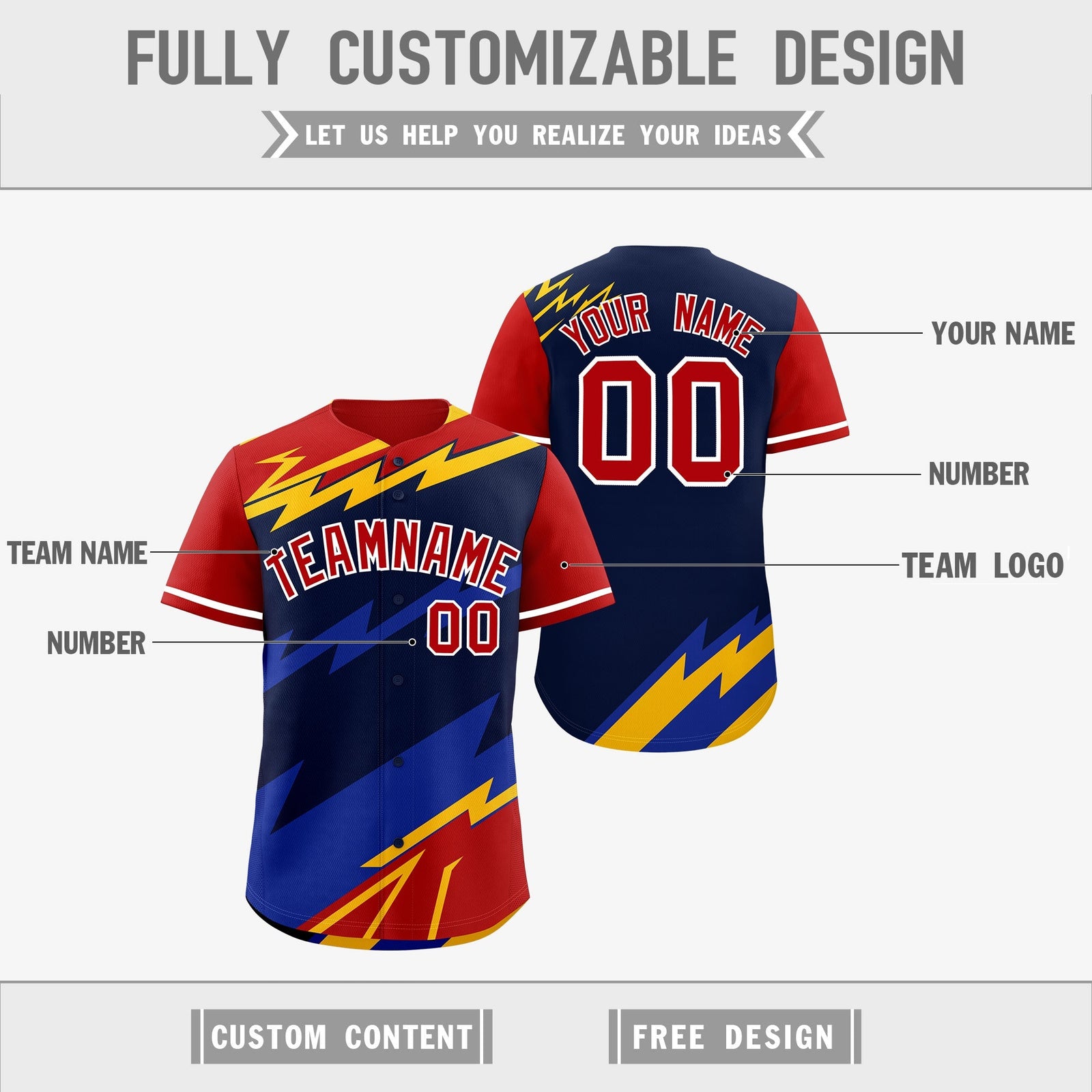 Custom Navy Red Yellow short sleeves Reversible Lightning Pattern Graffiti Graffiti Pattern Lightweight Baseball Jersey| KXKSHOP