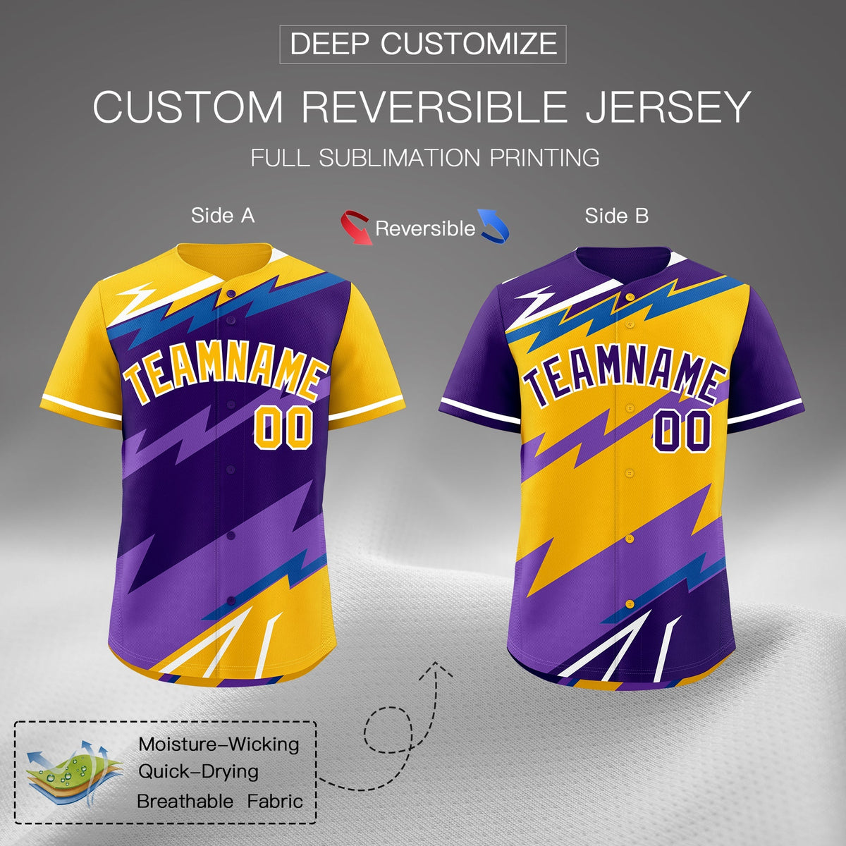 Custom Purple Royal Yellow short sleeves Reversible Lightning Pattern Graffiti Graffiti Pattern Lightweight Baseball Jersey| KXKSHOP