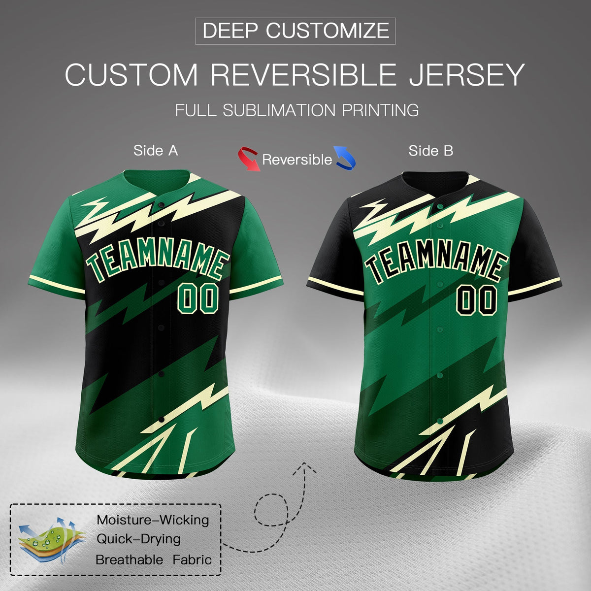 Custom Black Kelly Green Cream short sleeves Reversible Lightning Pattern Graffiti Graffiti Pattern Breathable Baseball Jersey| KXKSHOP