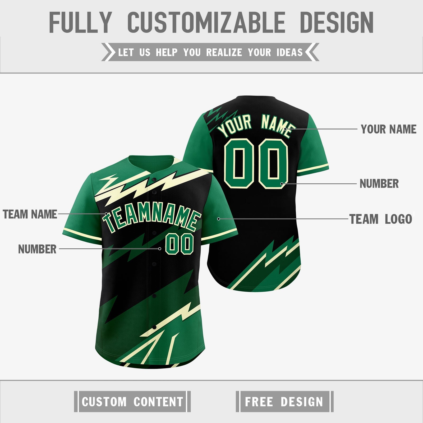 Custom Black Kelly Green Cream short sleeves Reversible Lightning Pattern Graffiti Graffiti Pattern Breathable Baseball Jersey| KXKSHOP