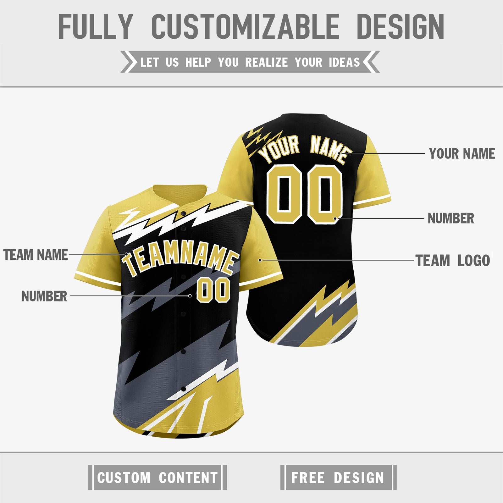 Custom Black Old Gold Gray short sleeves Reversible Lightning Pattern Graffiti Graffiti Pattern Moisture-Wicking Baseball Jersey| KXKSHOP