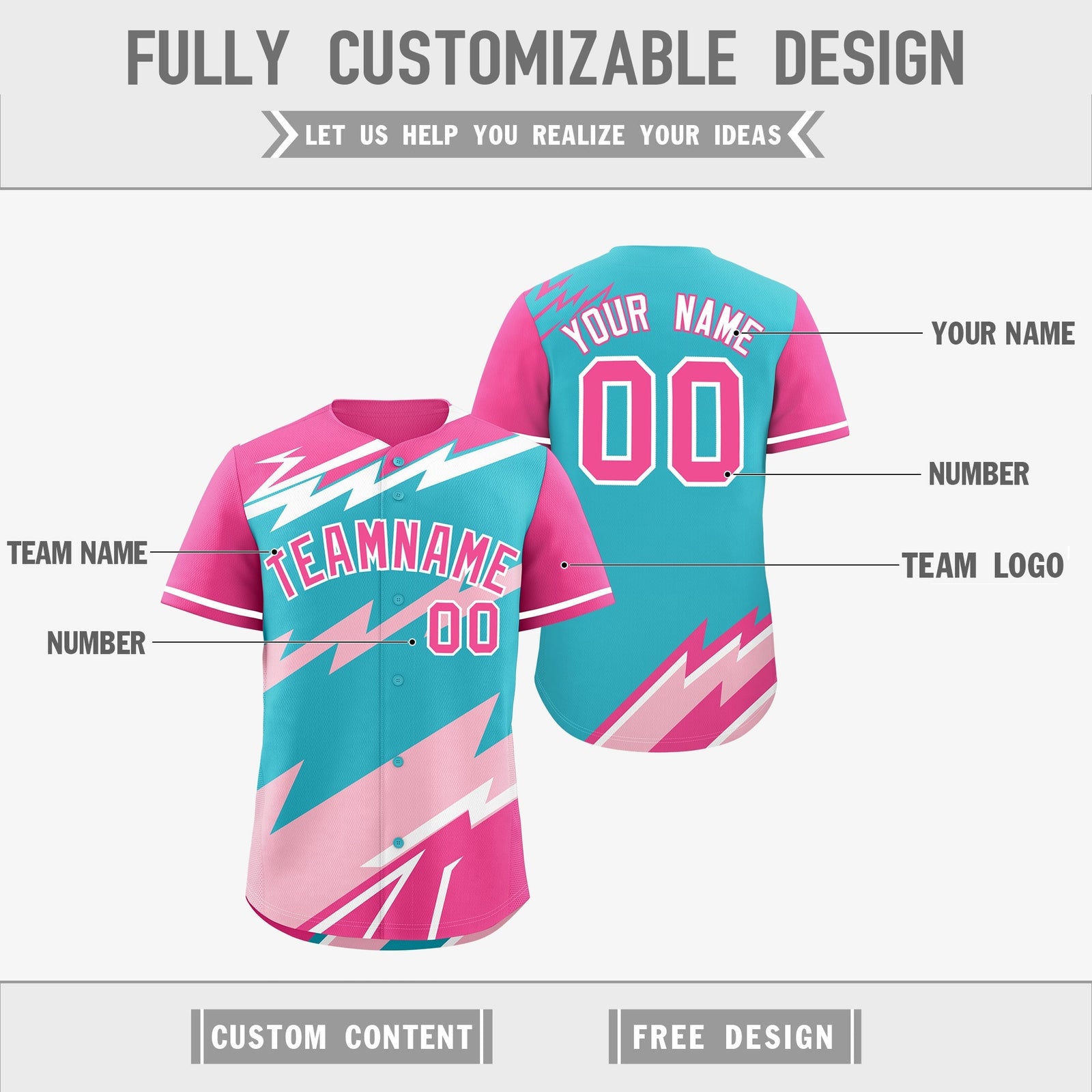 Custom Sky Blue Light Pink Pink short sleeves Reversible Lightning Pattern Graffiti Graffiti Pattern Breathable Baseball Jersey| KXKSHOP