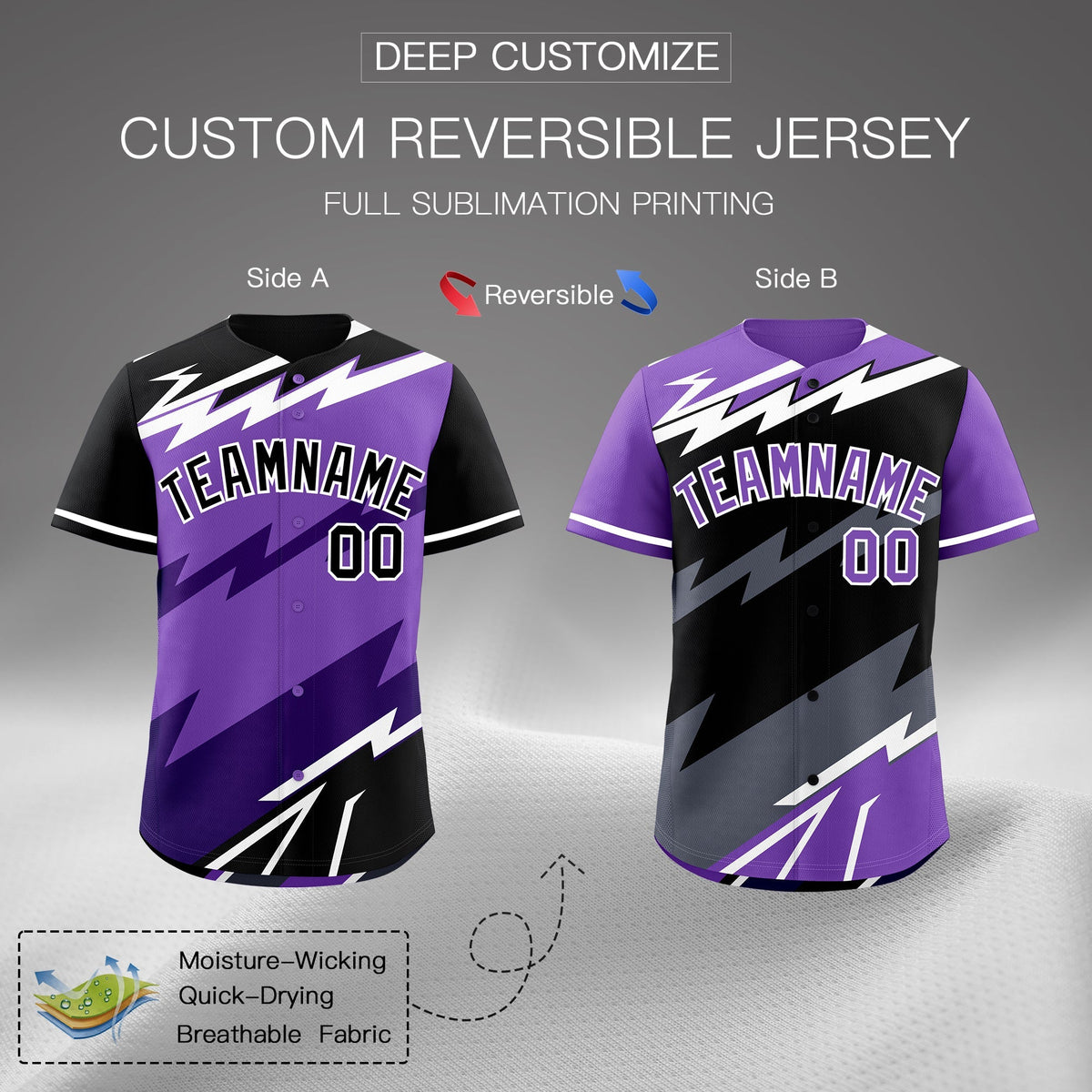 Custom Purple Black White short sleeves Reversible Lightning Pattern Graffiti Graffiti Pattern Lightweight Baseball Jersey| KXKSHOP