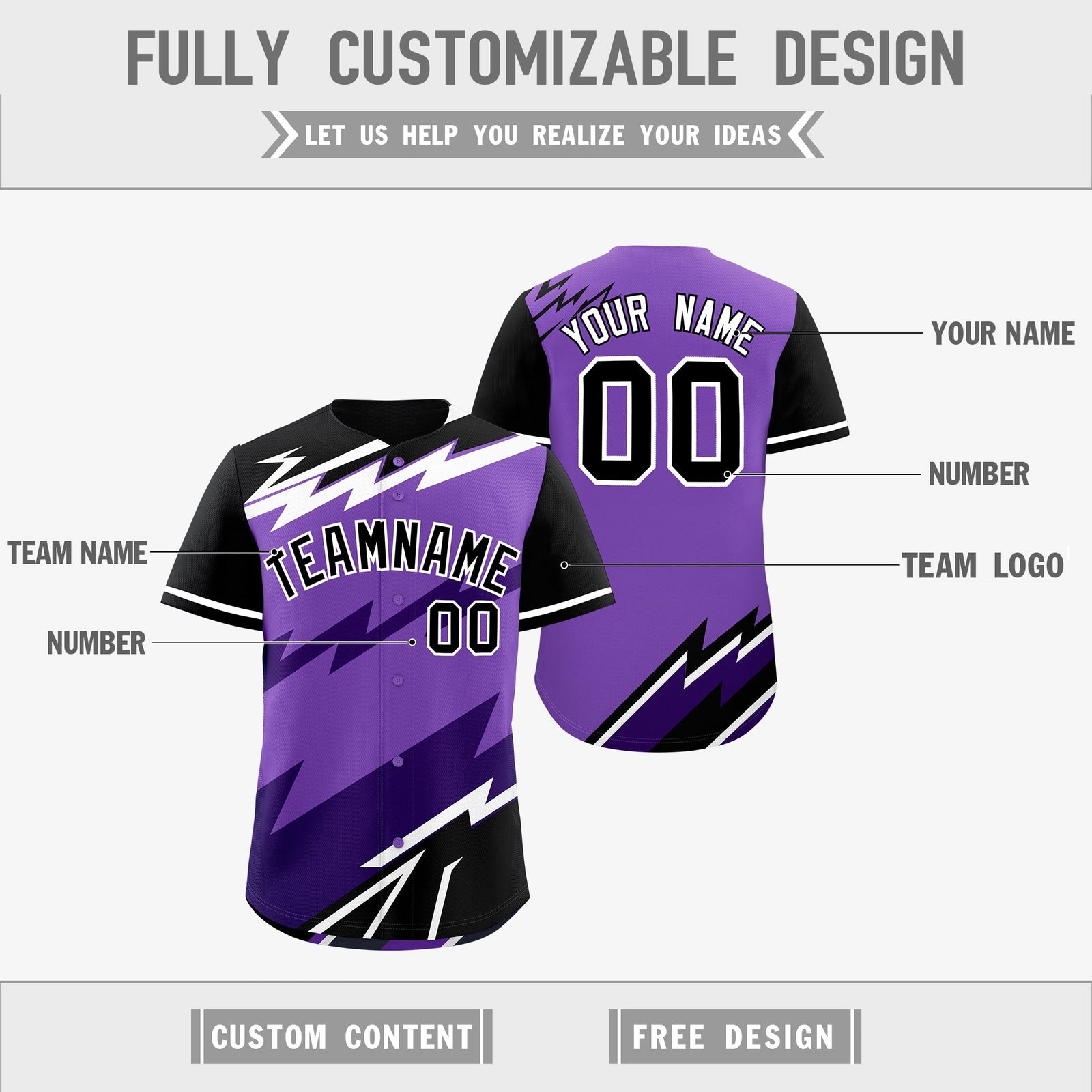 Custom Purple Black White short sleeves Reversible Lightning Pattern Graffiti Graffiti Pattern Lightweight Baseball Jersey| KXKSHOP