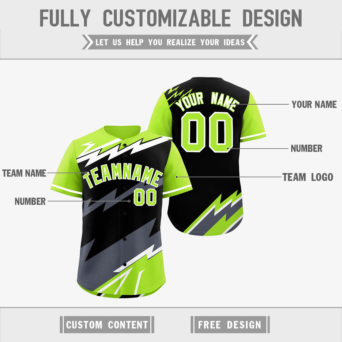 Custom Black Neon Green Gray short sleeves Reversible Lightning Pattern Graffiti Graffiti Pattern Moisture-Wicking Baseball Jersey| KXKSHOP