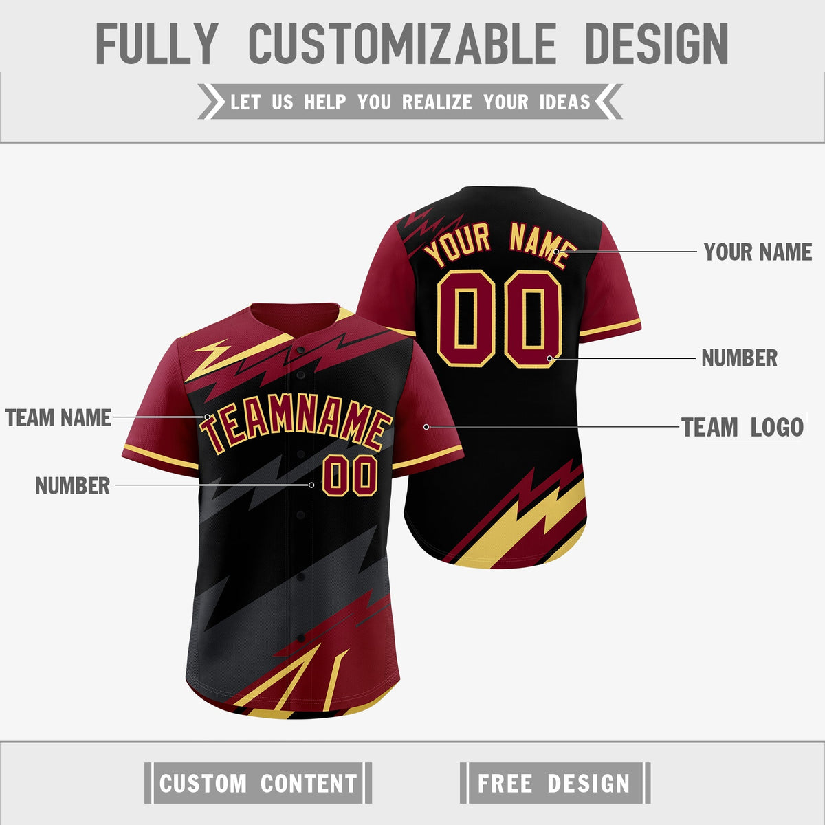 Custom Black Gray Crimson short sleeves Reversible Lightning Pattern Graffiti Graffiti Pattern Breathable Baseball Jersey| KXKSHOP