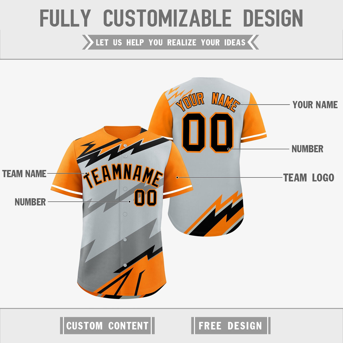 Custom Silver Orange Gray short sleeves Reversible Lightning Pattern Graffiti Graffiti Pattern Lightweight Baseball Jersey| KXKSHOP