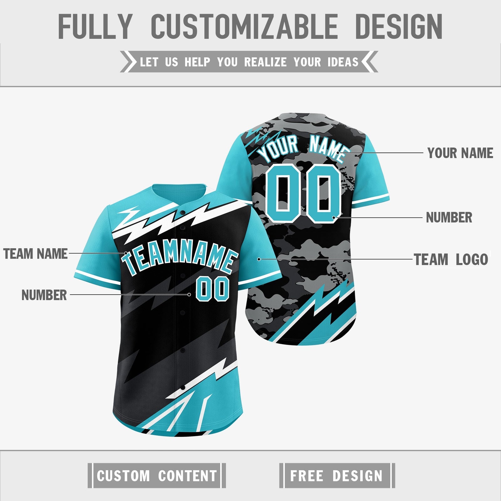 Custom Black Sky Blue Gray short sleeves Reversible Lightning Pattern Graffiti Graffiti Pattern Moisture-Wicking Baseball Jersey| KXKSHOP