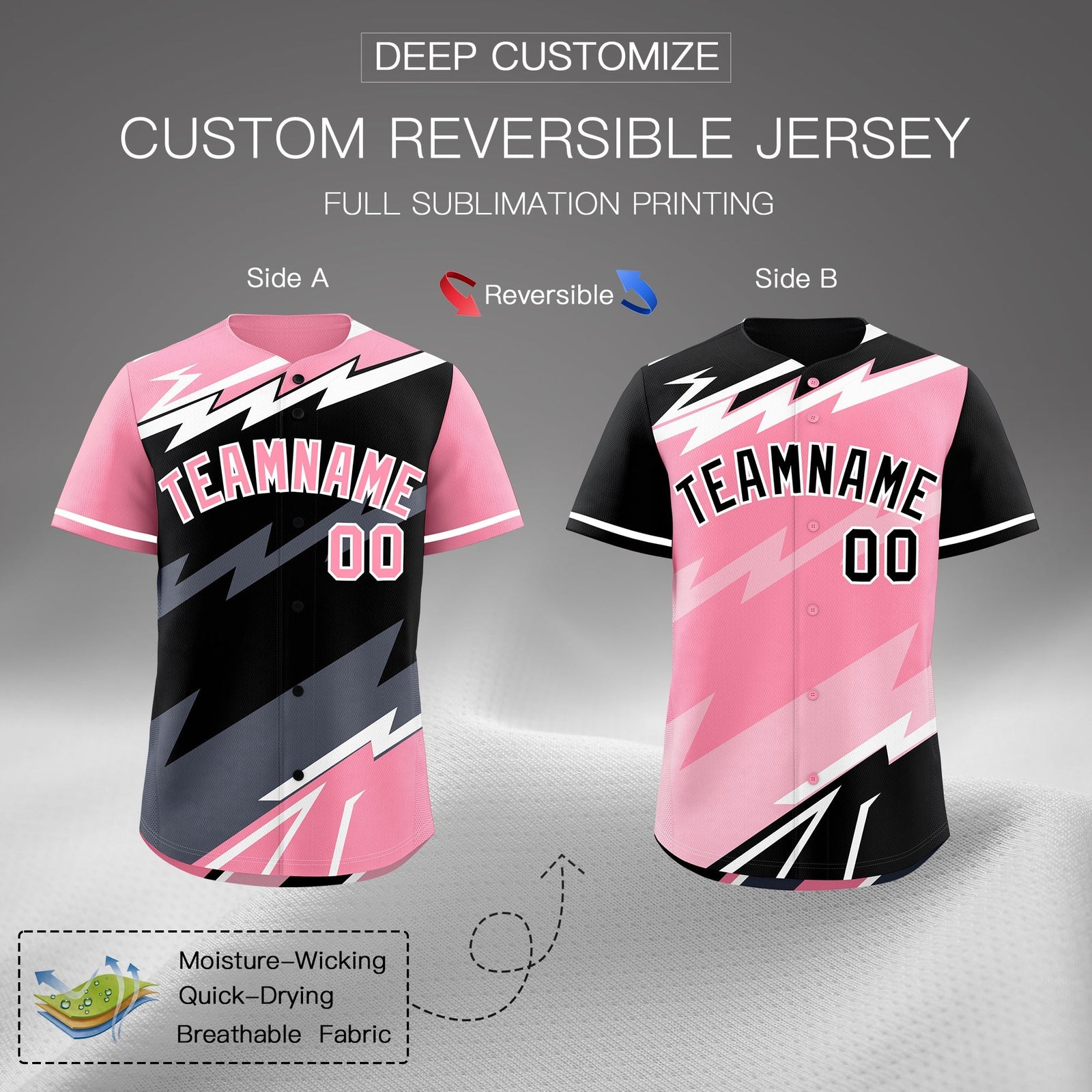 Custom Black Light Pink Gray short sleeves Reversible Lightning Pattern Graffiti Graffiti Pattern Breathable Baseball Jersey| KXKSHOP