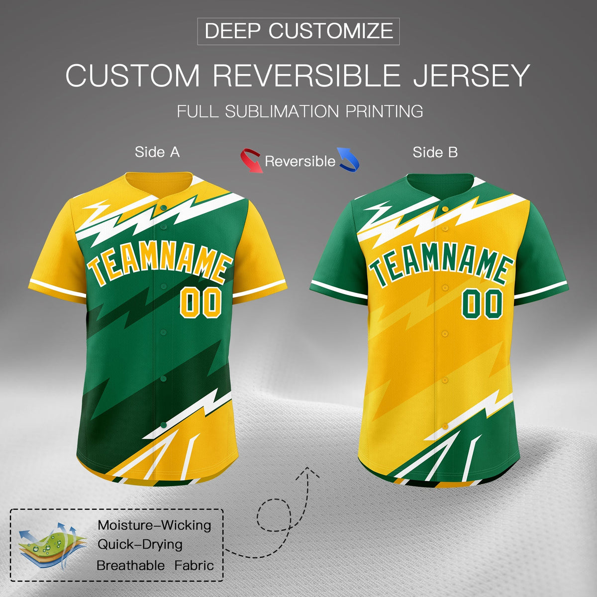 Custom Kelly Green Dark Green Yellow short sleeves Reversible Lightning Pattern Graffiti Graffiti Pattern Moisture-Wicking Baseball Jersey| KXKSHOP