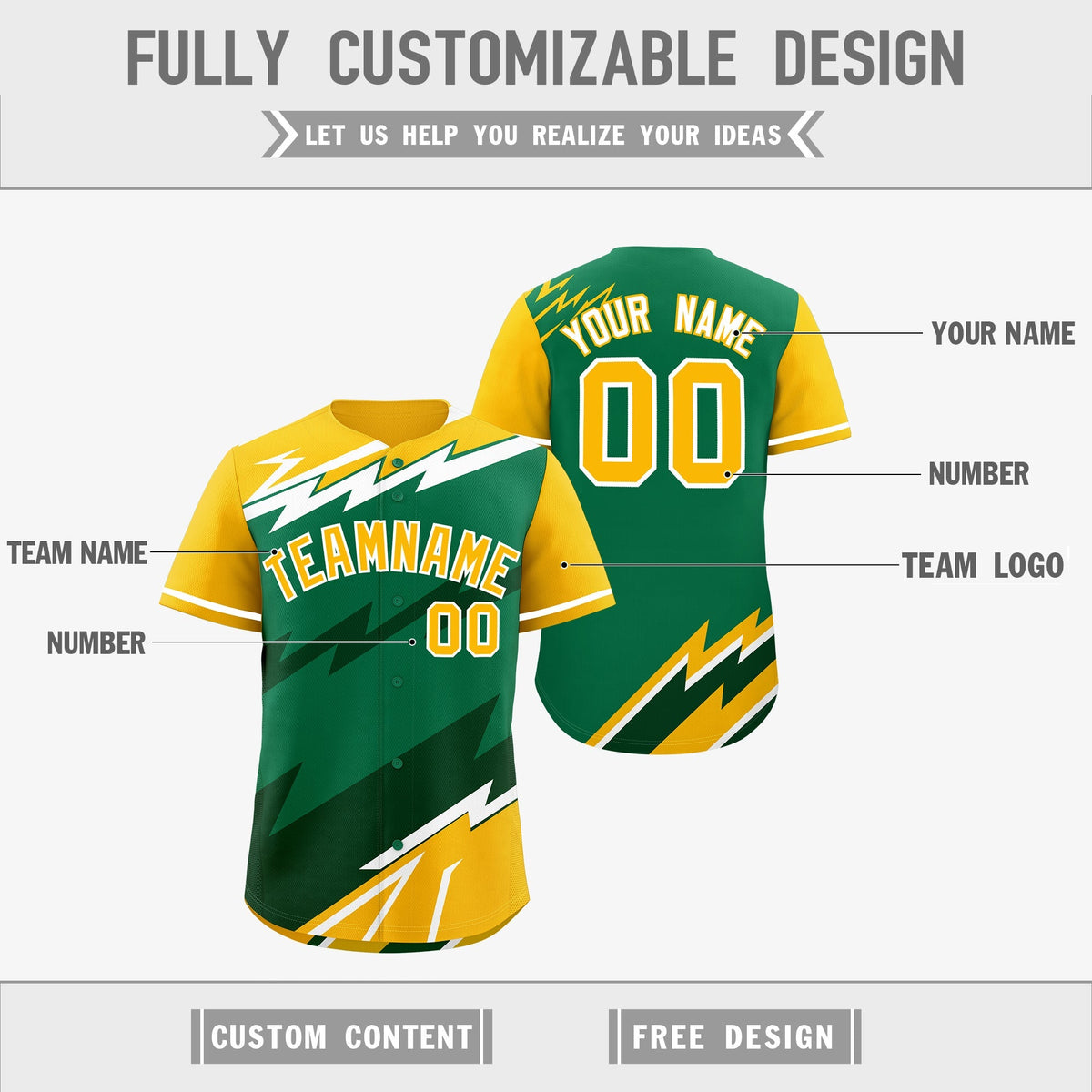 Custom Kelly Green Dark Green Yellow short sleeves Reversible Lightning Pattern Graffiti Graffiti Pattern Moisture-Wicking Baseball Jersey| KXKSHOP
