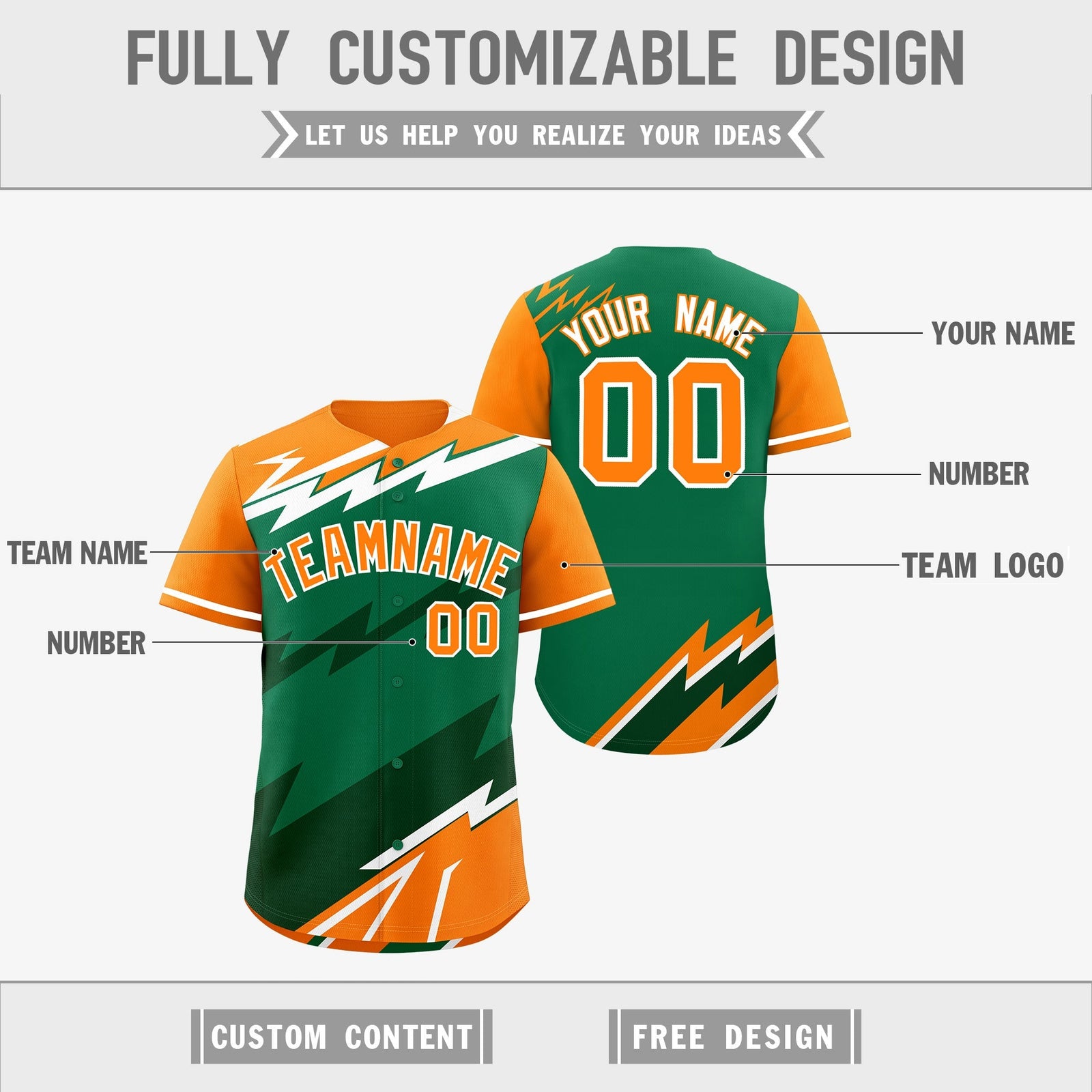 Custom Kelly Green Orange Dark Green short sleeves Reversible Lightning Pattern Graffiti Graffiti Pattern Breathable Baseball Jersey| KXKSHOP